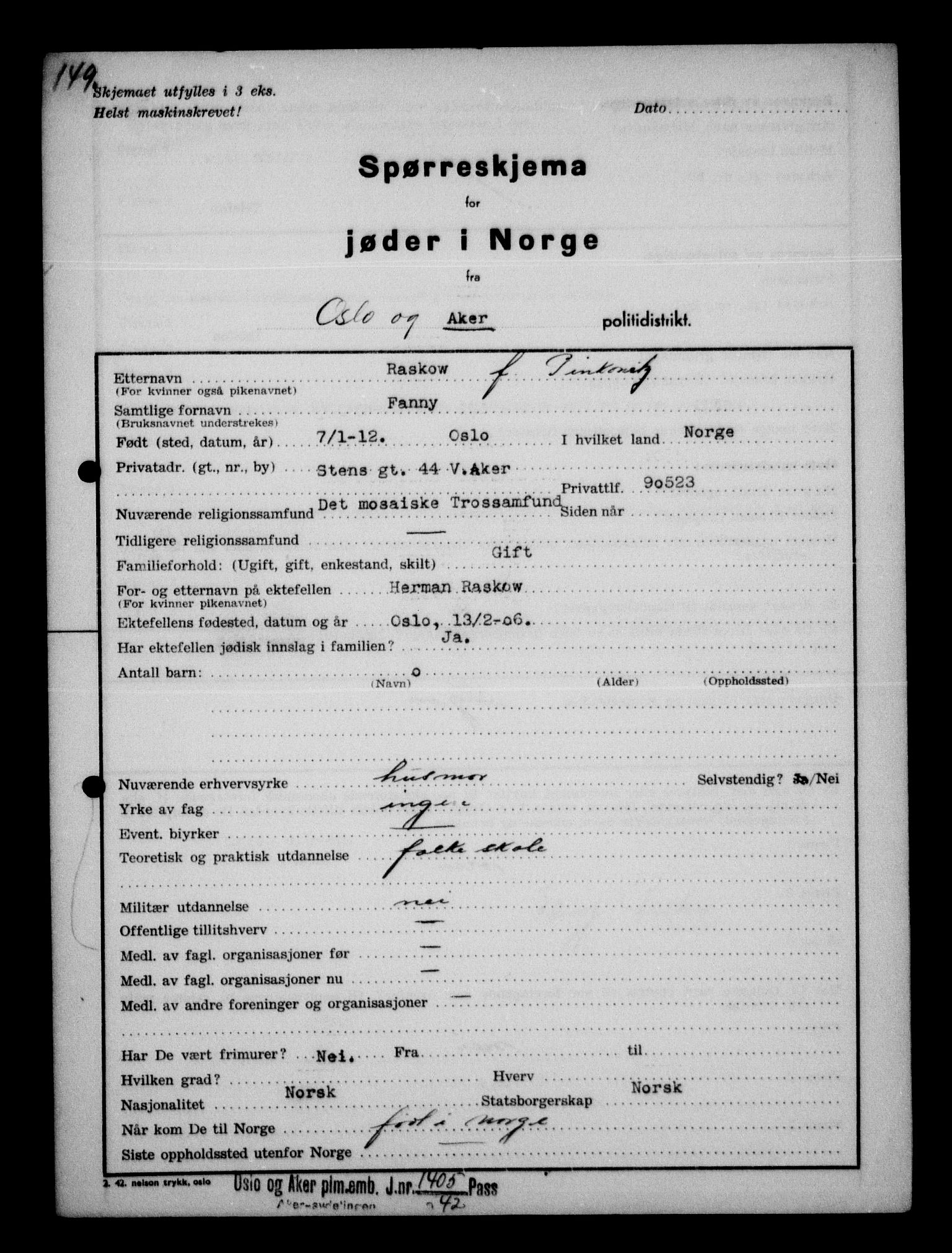 Statspolitiet - Hovedkontoret / Osloavdelingen, AV/RA-S-1329/G/Ga/L0012: Spørreskjema for jøder i Norge. 1: Aker 114- 207 (Levinson-Wozak) og 656 (Salomon). 2: Arendal-Hordaland. 3: Horten-Romerike.  , 1942, s. 108