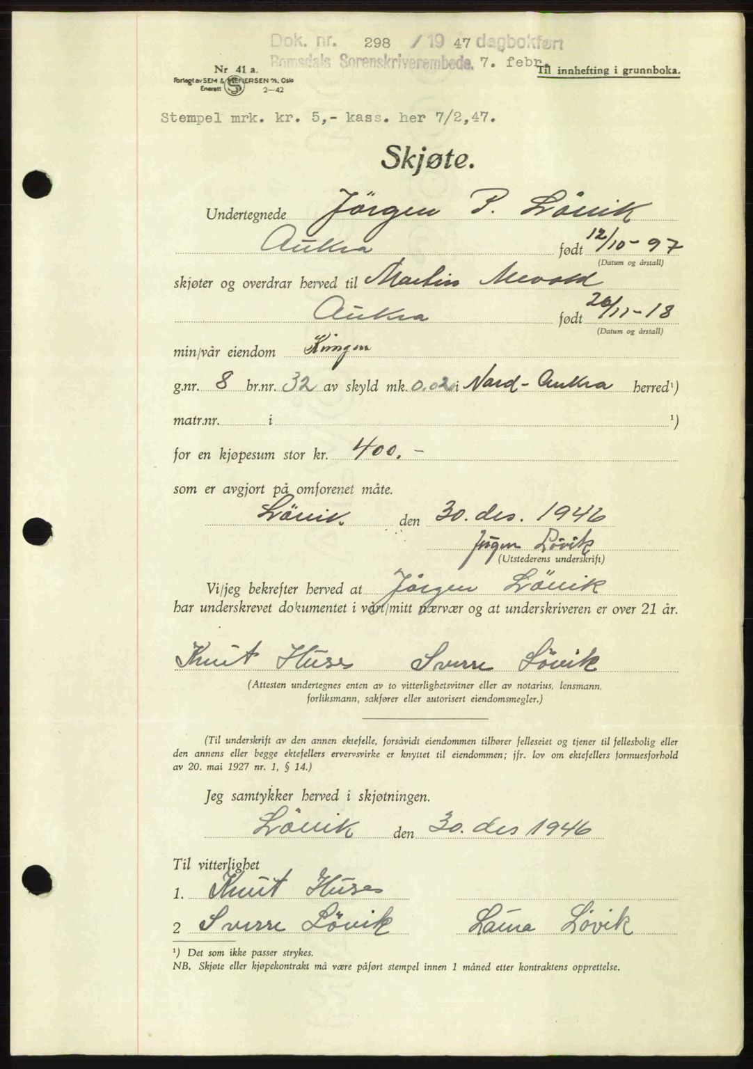 Romsdal sorenskriveri, AV/SAT-A-4149/1/2/2C: Pantebok nr. A22, 1947-1947, Dagboknr: 298/1947