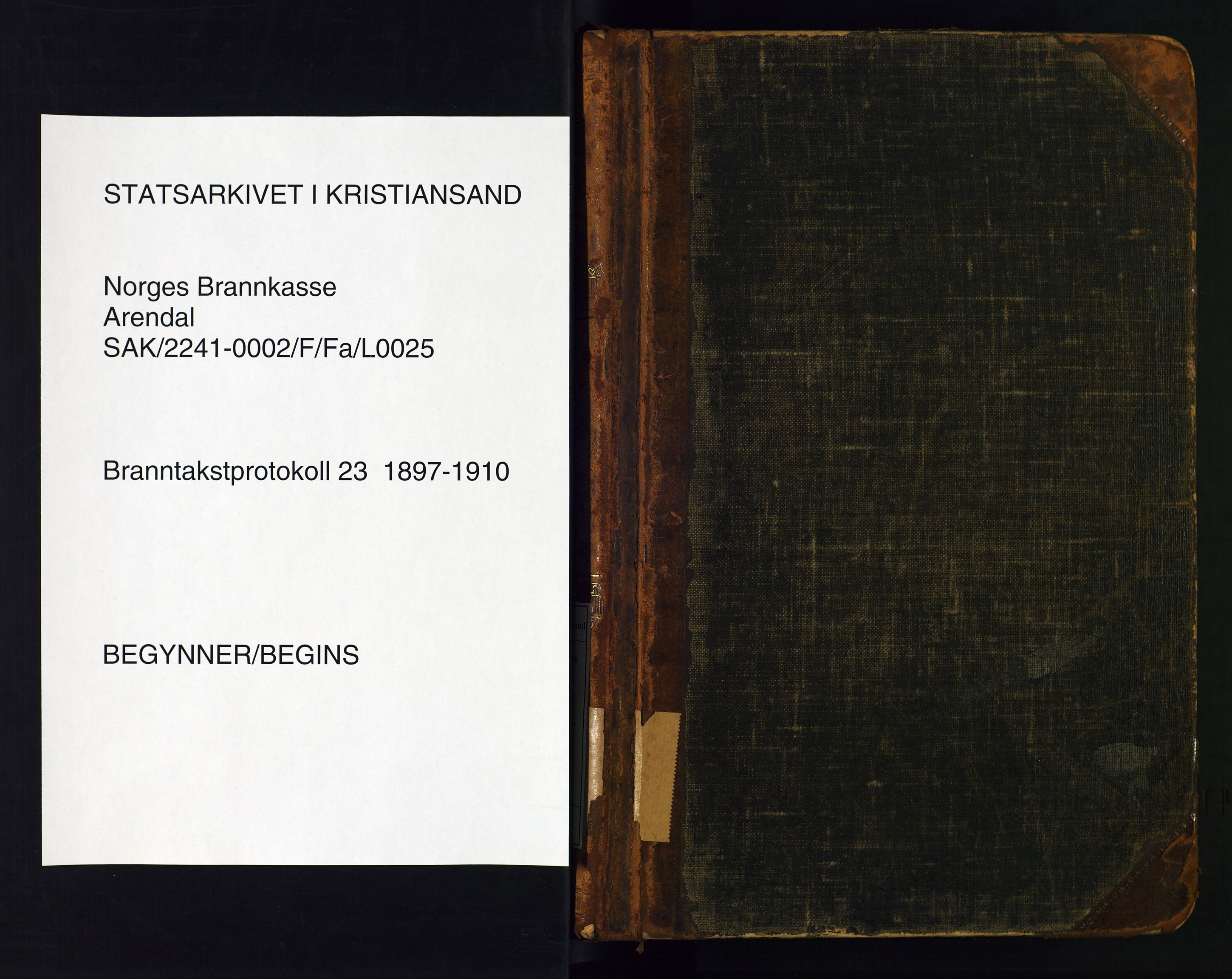Norges Brannkasse Arendal, SAK/2241-0002/F/Fa/L0025: Branntakstprotokoll nr. 23 for Arendal og Barbu med matrikkelnummerregister, 1897-1910