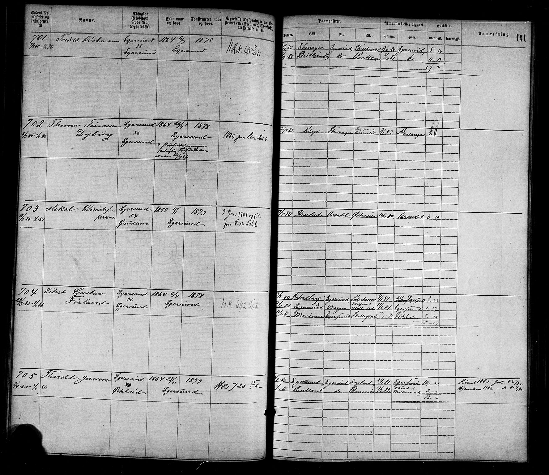 Egersund mønstringskrets, AV/SAK-2031-0019/F/Fa/L0001: Annotasjonsrulle nr 1-1440 med register, O-1, 1869-1895, s. 158