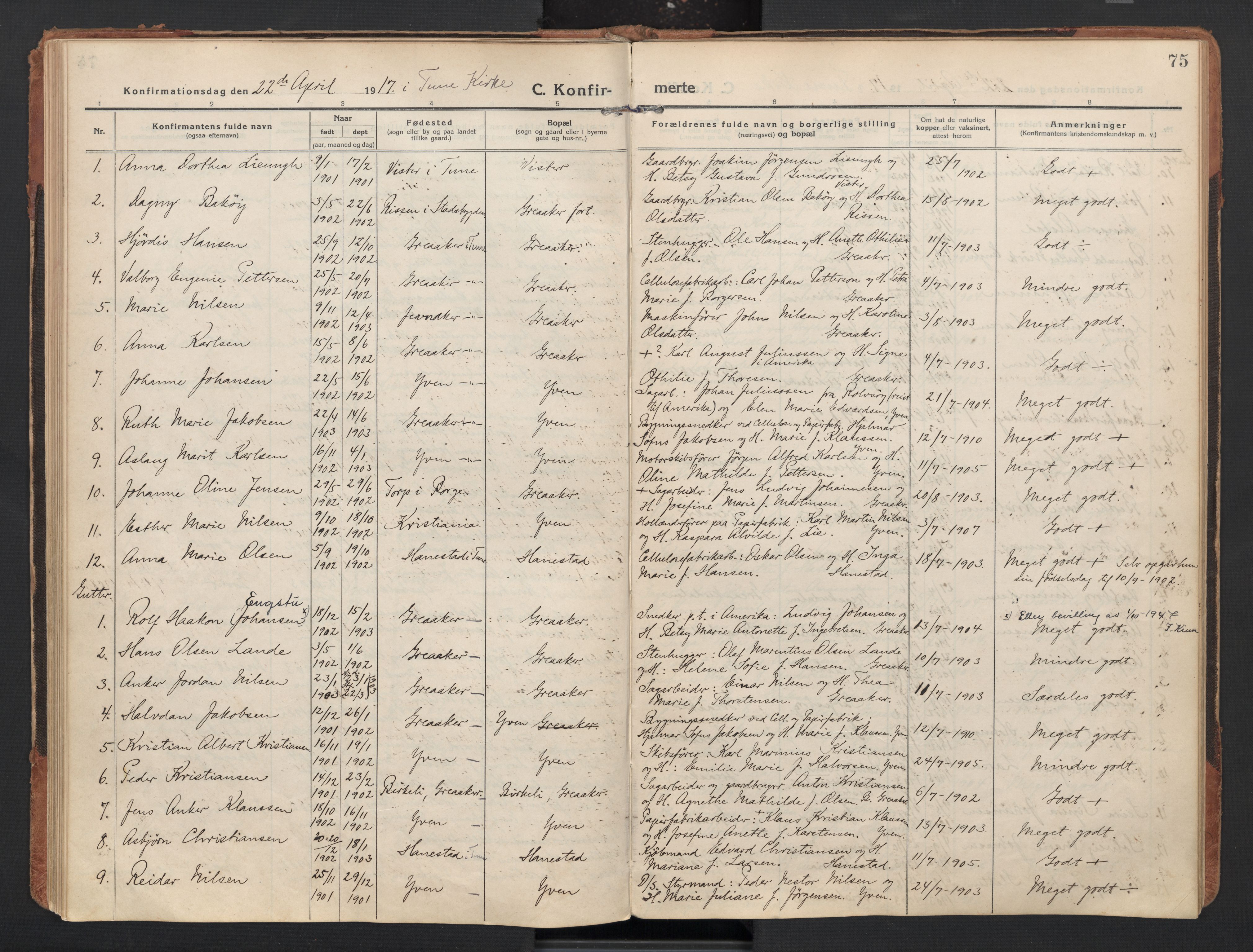 Tune prestekontor Kirkebøker, AV/SAO-A-2007/F/Fb/L0001: Residerende kapellans bok nr. 1, 1915-1923, s. 75