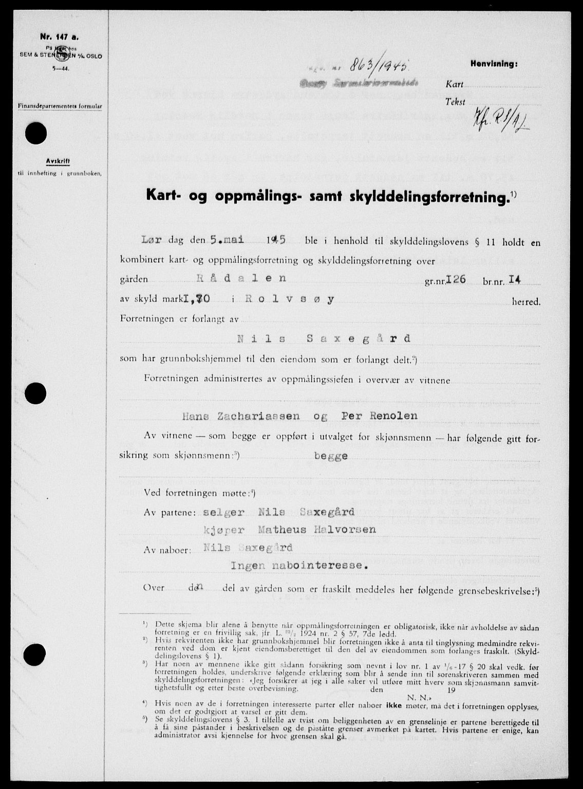 Onsøy sorenskriveri, SAO/A-10474/G/Ga/Gab/L0014: Pantebok nr. II A-14, 1944-1945, Dagboknr: 863/1945