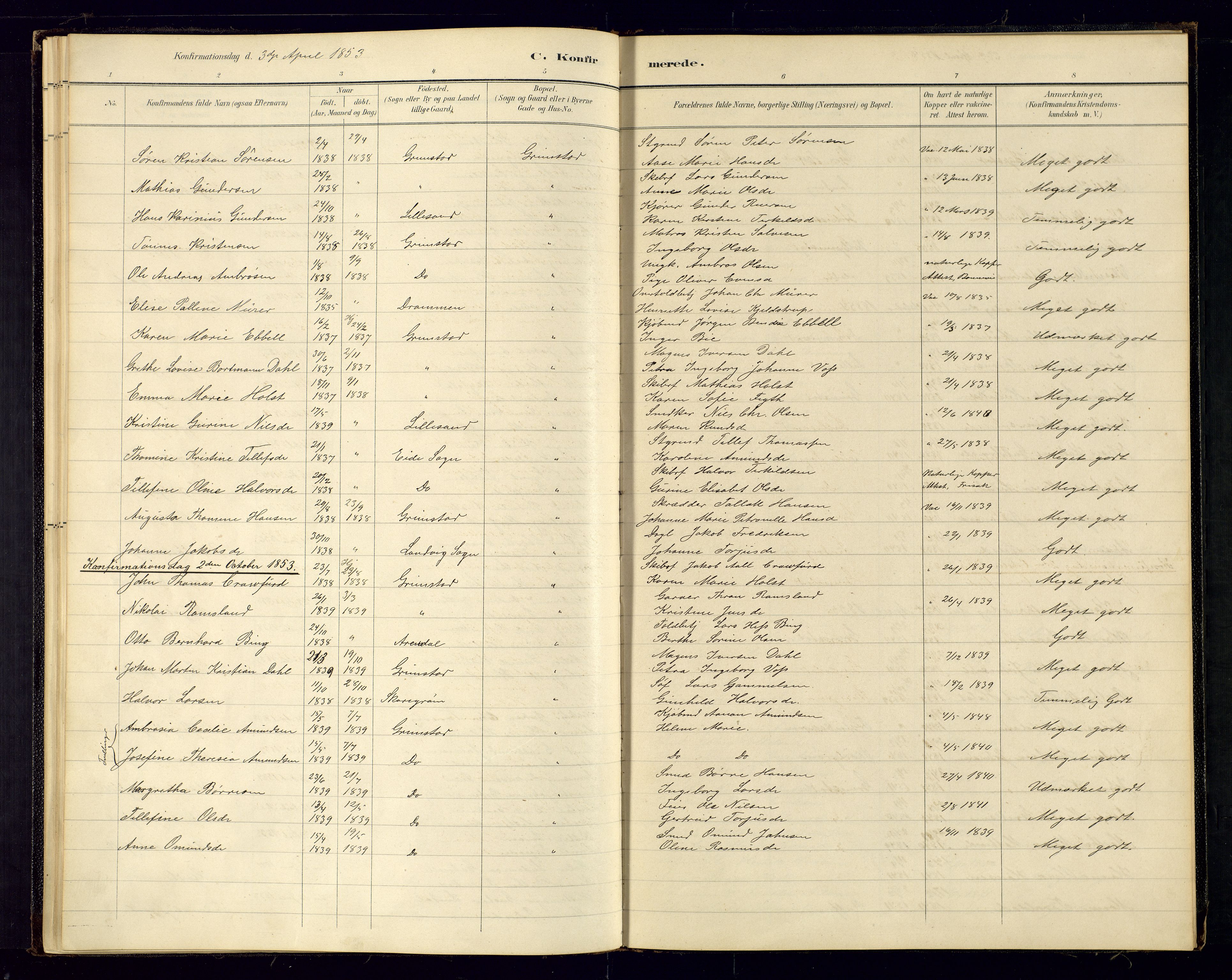 Grimstad sokneprestkontor, AV/SAK-1111-0017/F/Fa/L0001: Ministerialbok nr. A 1a, 1850-1877