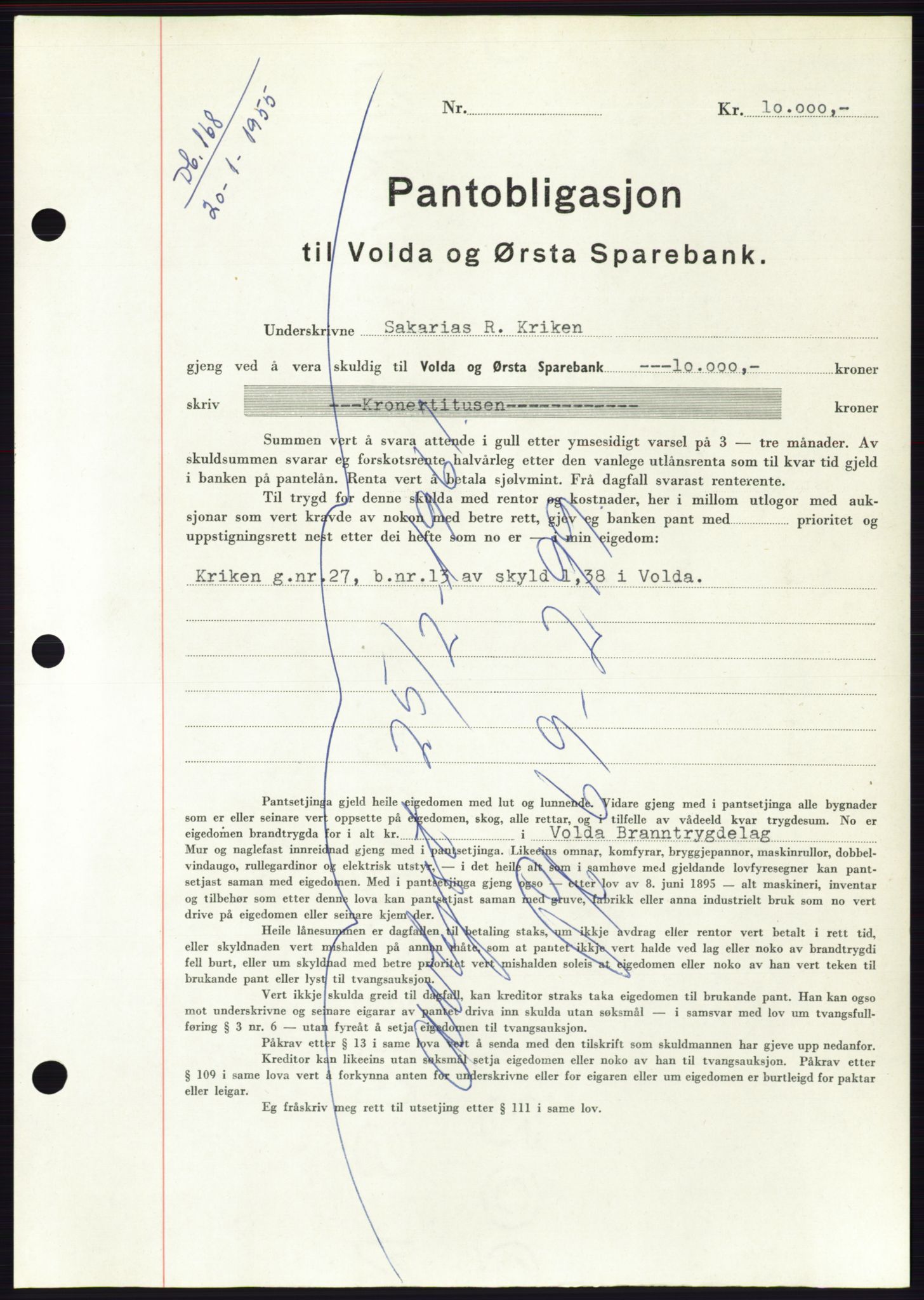 Søre Sunnmøre sorenskriveri, AV/SAT-A-4122/1/2/2C/L0126: Pantebok nr. 14B, 1954-1955, Dagboknr: 168/1955