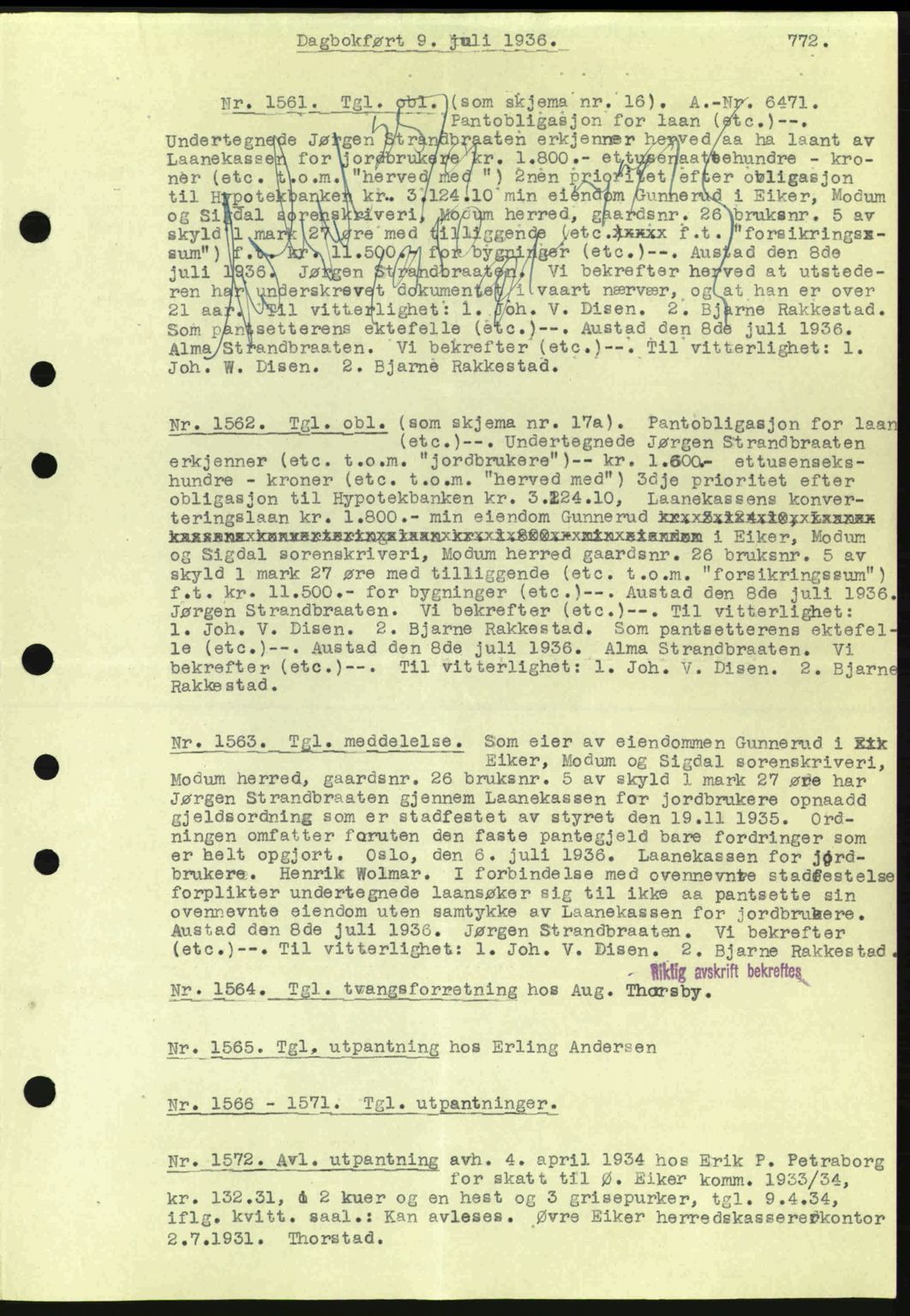 Eiker, Modum og Sigdal sorenskriveri, SAKO/A-123/G/Ga/Gab/L0032: Pantebok nr. A2, 1936-1936, Dagboknr: 1561/1936