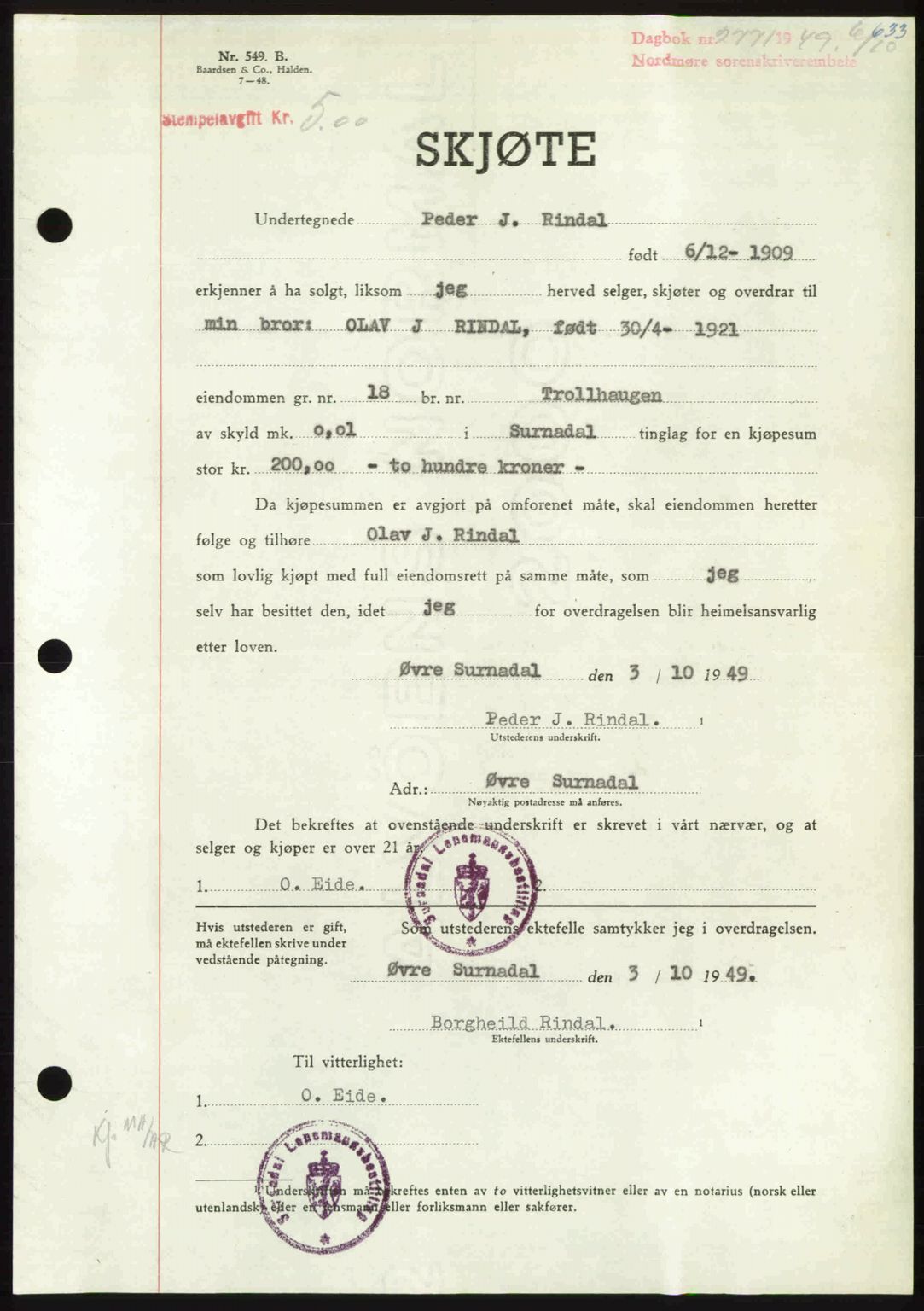 Nordmøre sorenskriveri, SAT/A-4132/1/2/2Ca: Pantebok nr. A112, 1949-1949, Dagboknr: 2771/1949