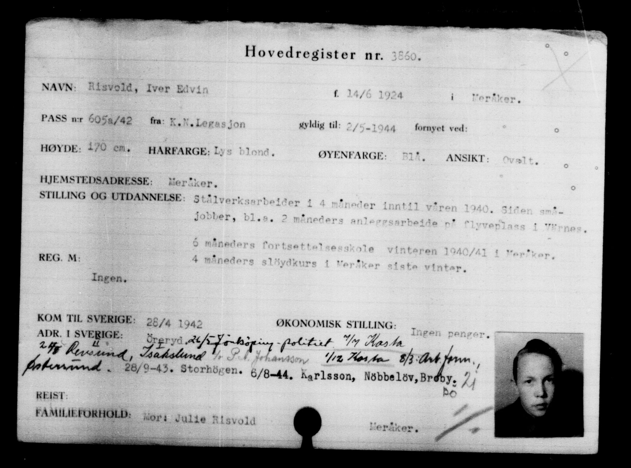Utenriksstasjonene, Legasjonen i Stockholm, Flyktningkontoret, AV/RA-S-6753/V/Va/L0004: Kjesäterkartoteket, flyktninger med registreringsnr. 3496-6610, 1940-1945, s. 424