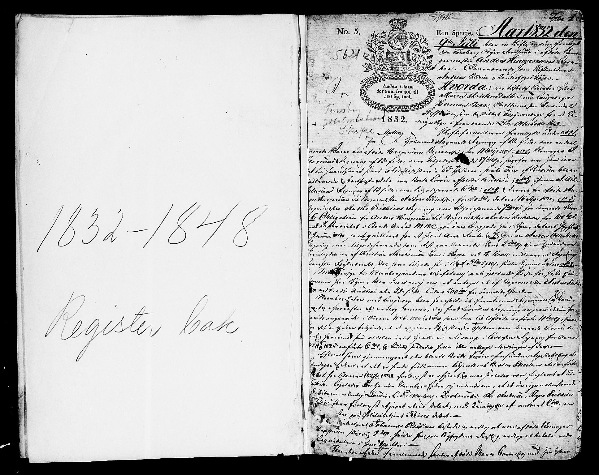 Tønsberg byfogd, SAKO/A-224/H/Hc/L0001: Skifteforhandlingsprotokoll, 1832-1848, s. 1