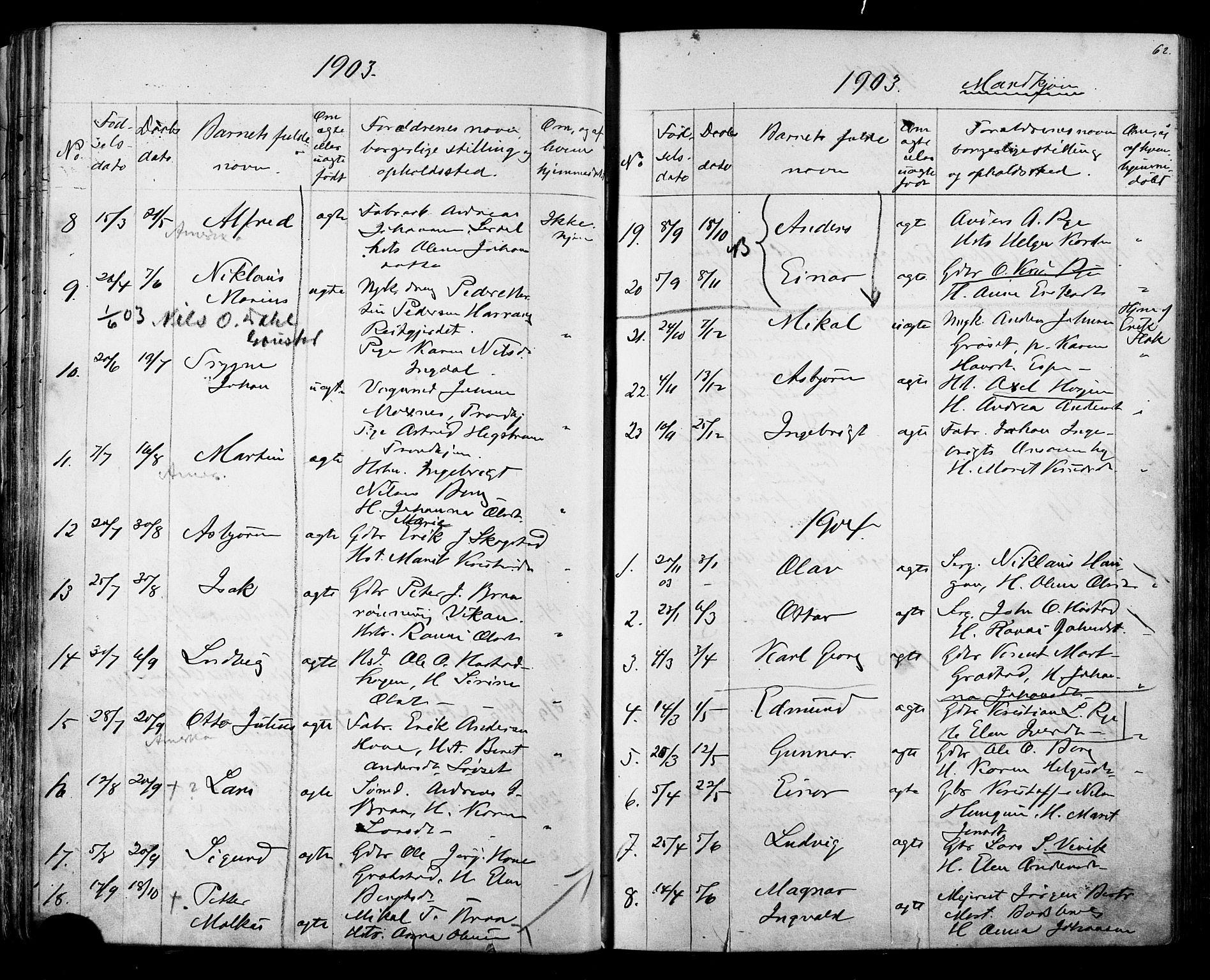 Ministerialprotokoller, klokkerbøker og fødselsregistre - Sør-Trøndelag, AV/SAT-A-1456/612/L0387: Klokkerbok nr. 612C03, 1874-1908, s. 62