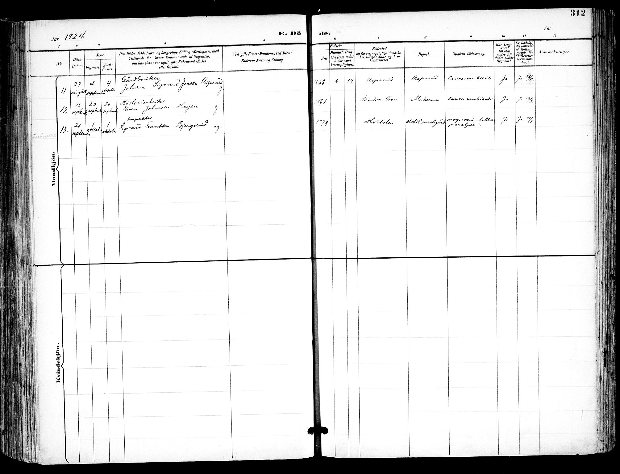 Kråkstad prestekontor Kirkebøker, SAO/A-10125a/F/Fa/L0010: Ministerialbok nr. I 10, 1893-1931, s. 312