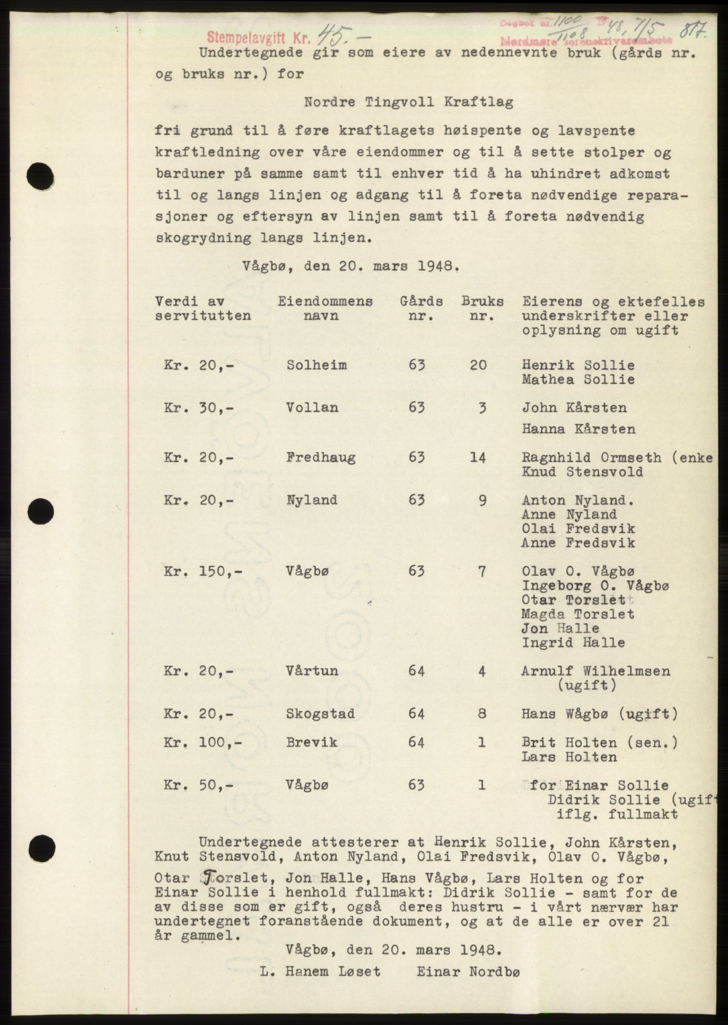 Nordmøre sorenskriveri, SAT/A-4132/1/2/2Ca: Pantebok nr. B98, 1948-1948, Dagboknr: 1100/1948