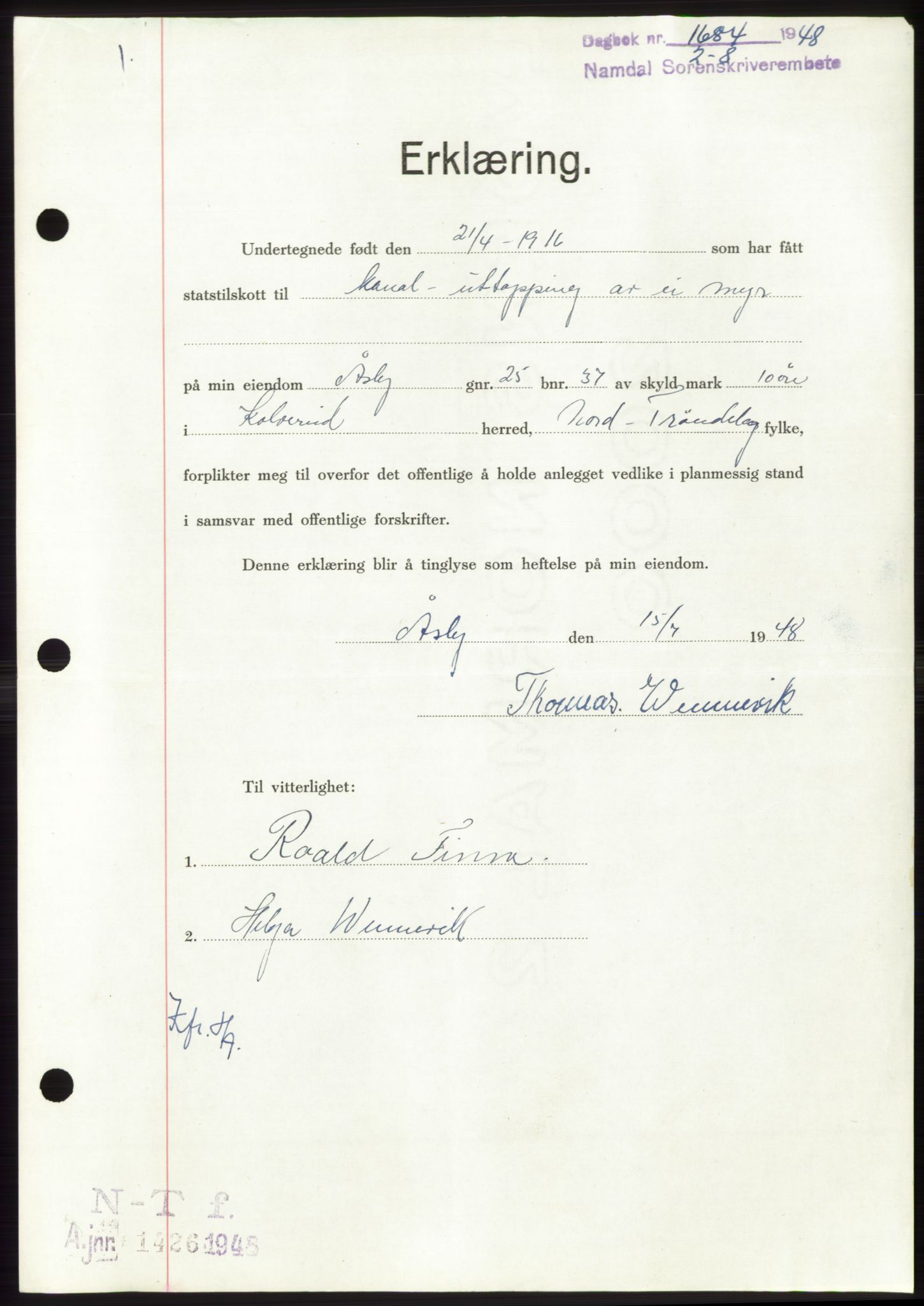 Namdal sorenskriveri, SAT/A-4133/1/2/2C: Pantebok nr. -, 1948-1948, Dagboknr: 1684/1948