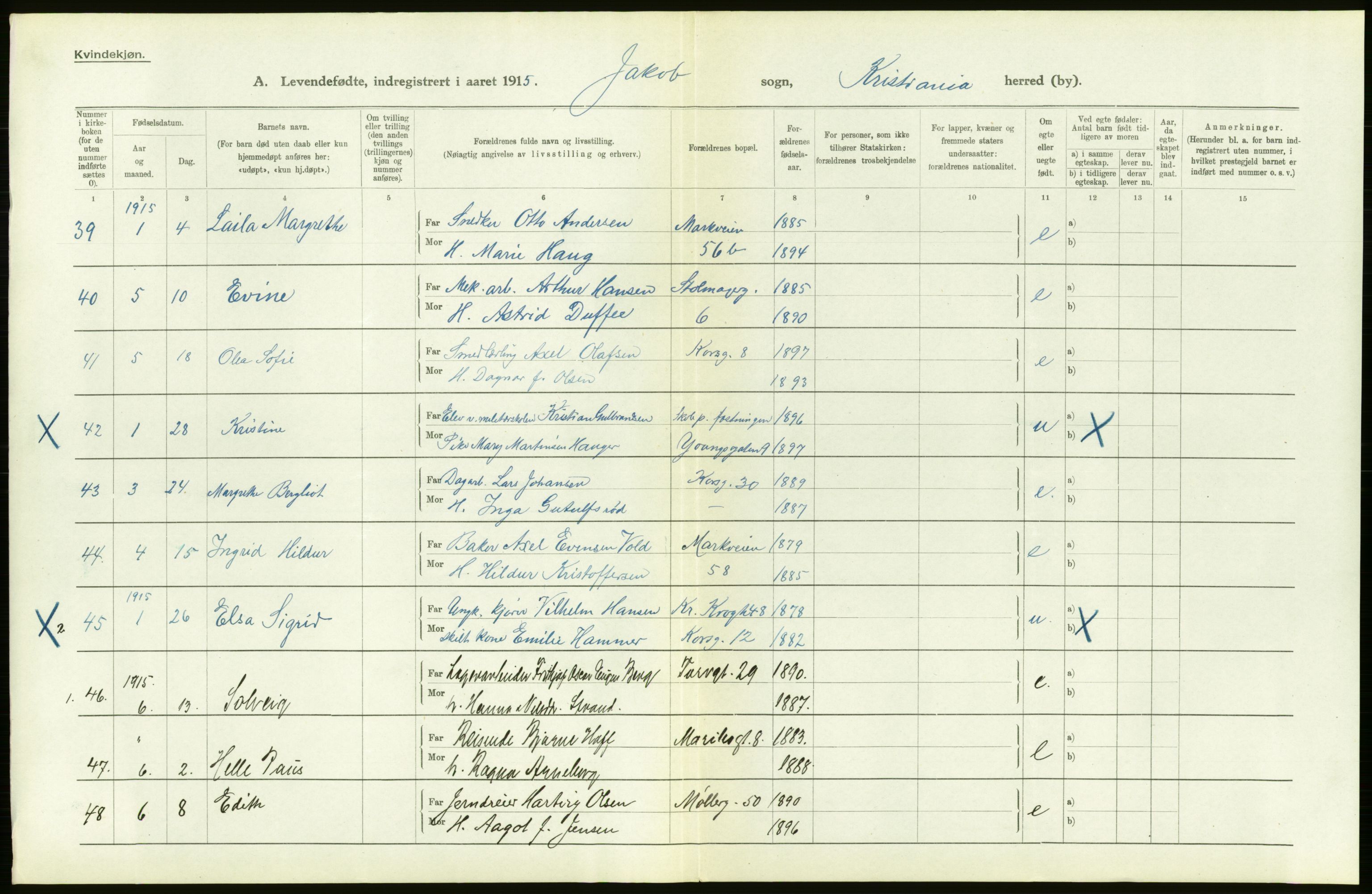 Statistisk sentralbyrå, Sosiodemografiske emner, Befolkning, RA/S-2228/D/Df/Dfb/Dfbe/L0006: Kristiania: Levendefødte menn og kvinner., 1915, s. 634