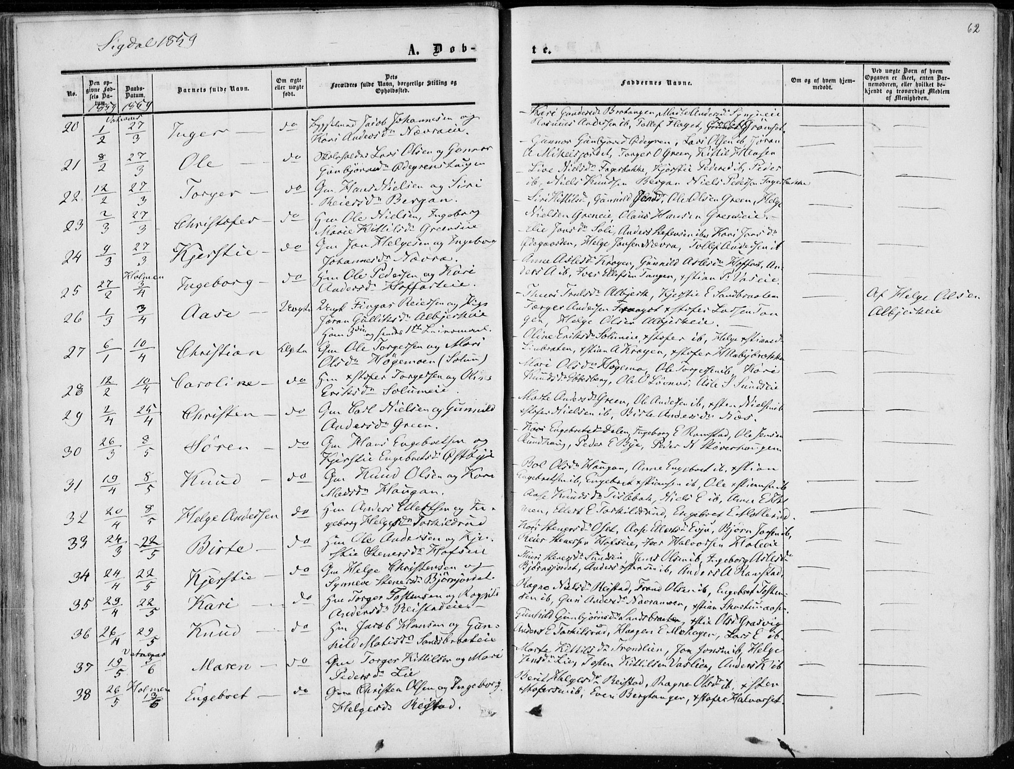 Sigdal kirkebøker, AV/SAKO-A-245/F/Fa/L0008: Ministerialbok nr. I 8, 1850-1859, s. 62
