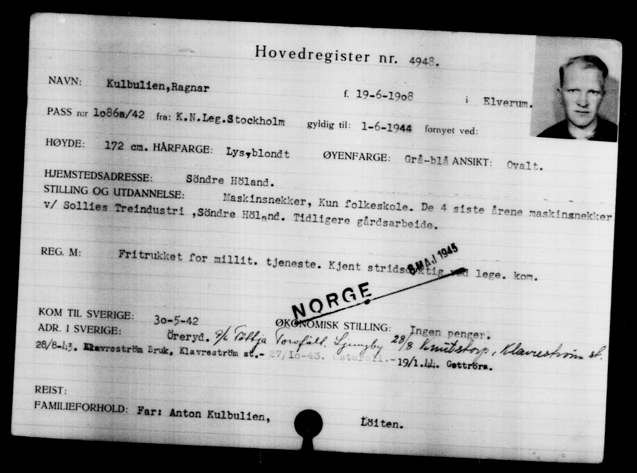 Utenriksstasjonene, Legasjonen i Stockholm, Flyktningkontoret, AV/RA-S-6753/V/Va/L0004: Kjesäterkartoteket, flyktninger med registreringsnr. 3496-6610, 1940-1945, s. 1725
