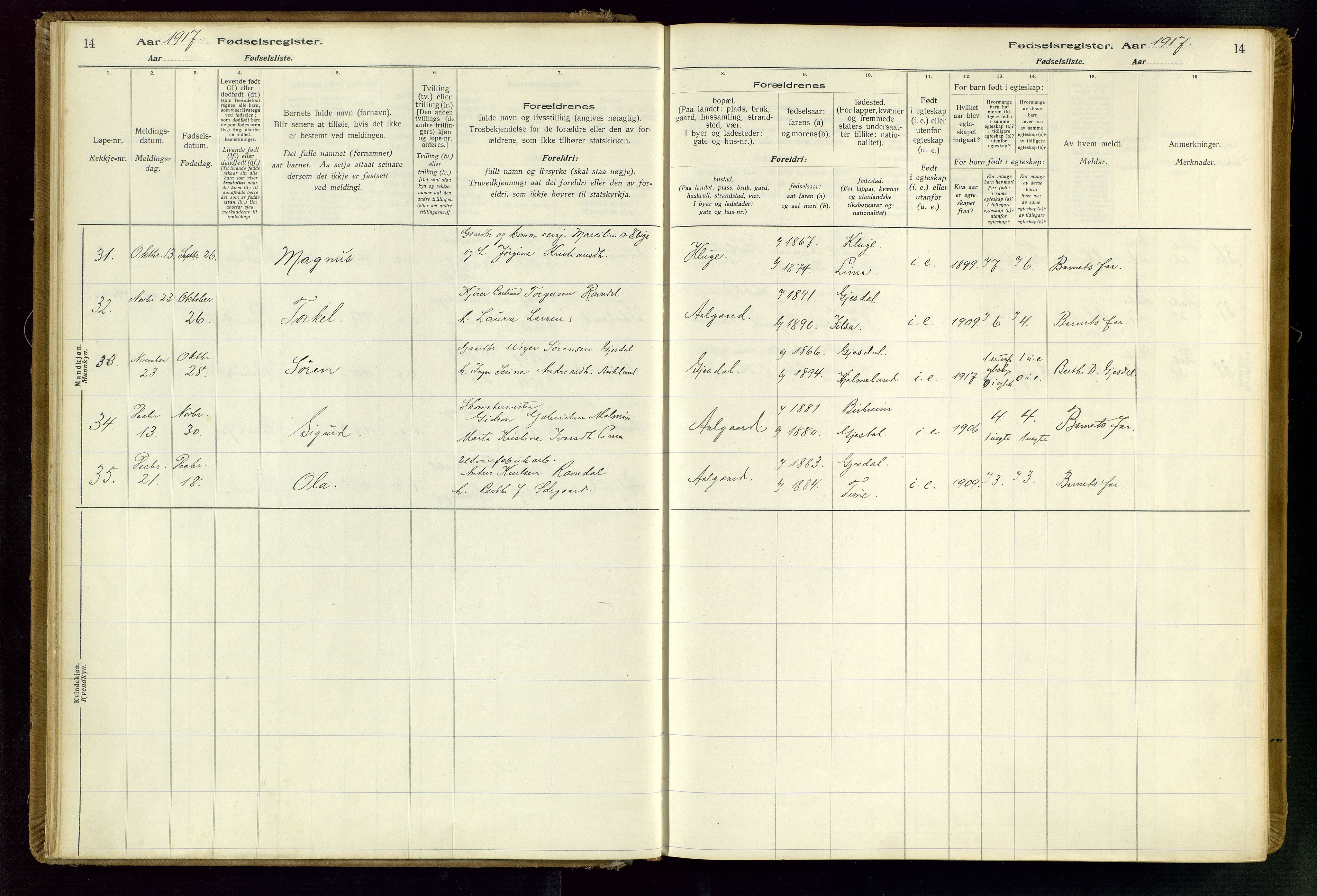 Gjesdal sokneprestkontor, SAST/A-101796/002/O/L0001: Fødselsregister nr. 1, 1916-1949, s. 14