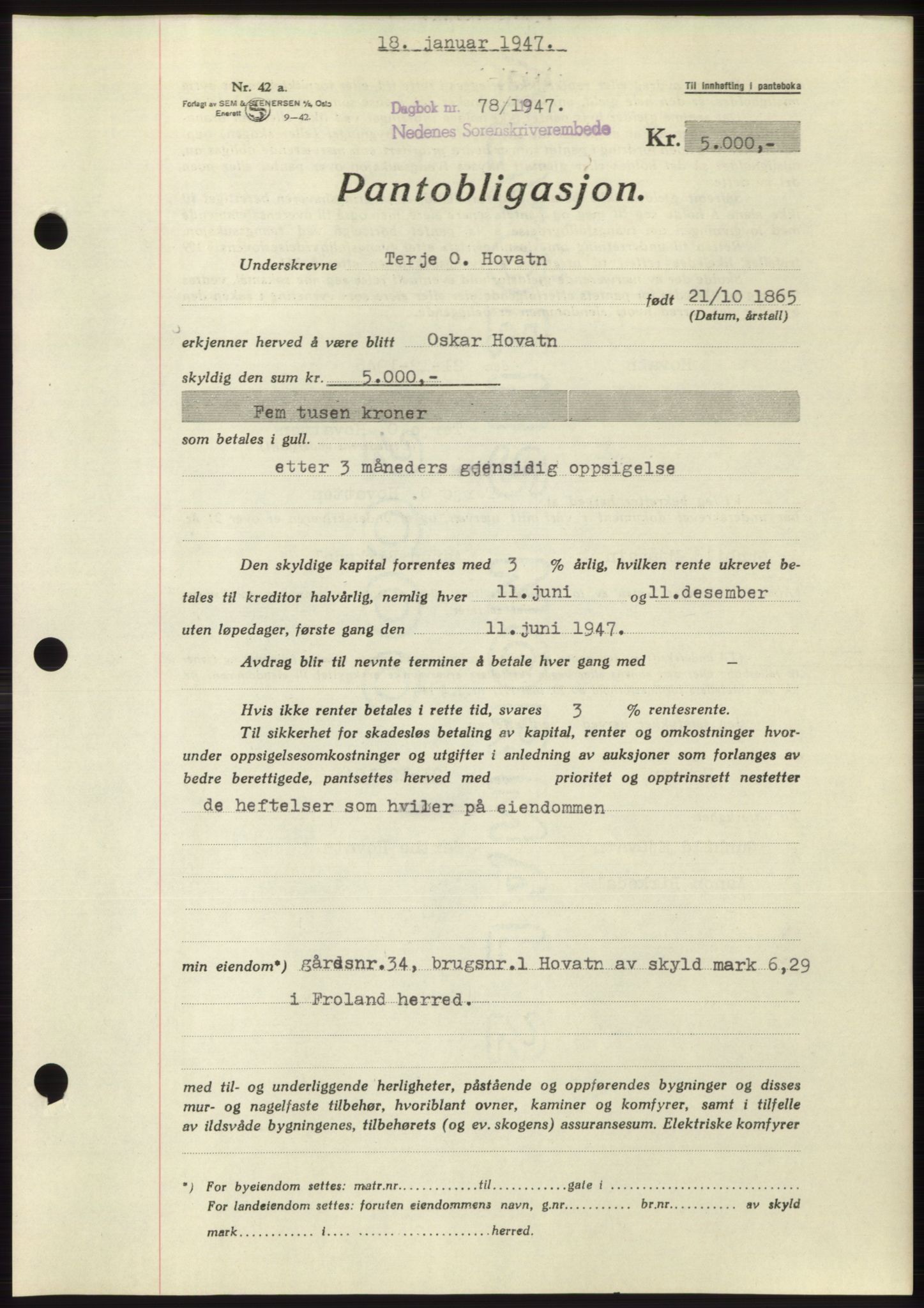 Nedenes sorenskriveri, SAK/1221-0006/G/Gb/Gbb/L0004: Pantebok nr. B4, 1947-1947, Dagboknr: 78/1947