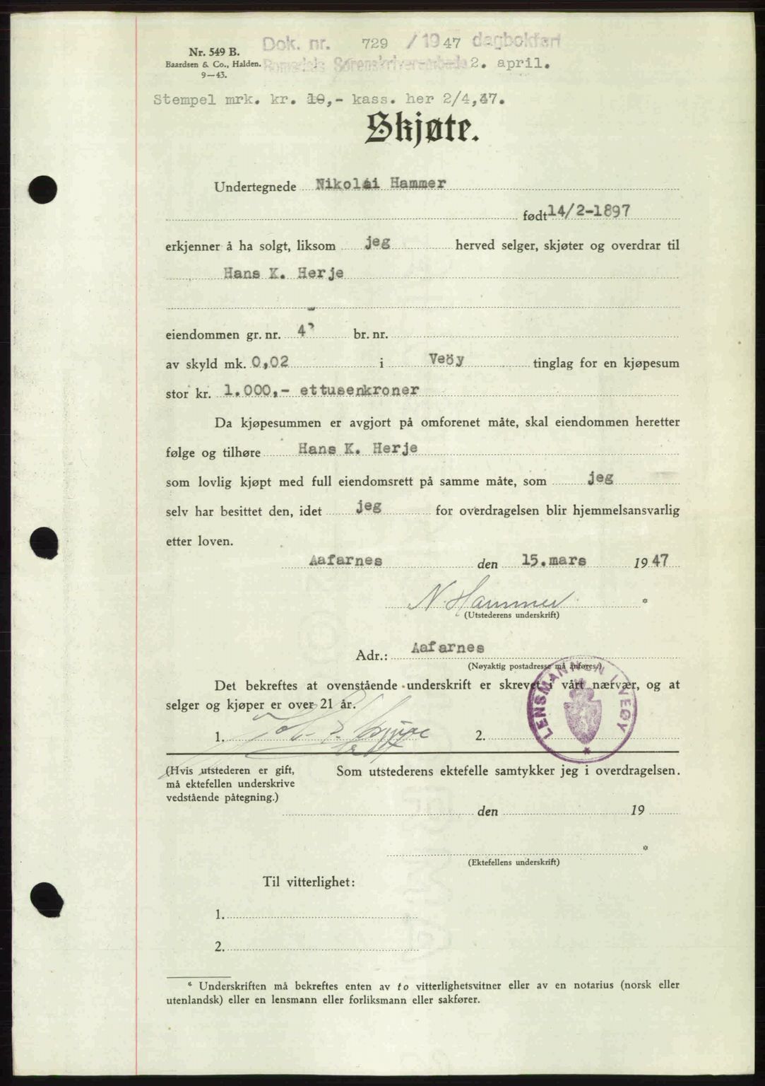 Romsdal sorenskriveri, SAT/A-4149/1/2/2C: Pantebok nr. A22, 1947-1947, Dagboknr: 729/1947