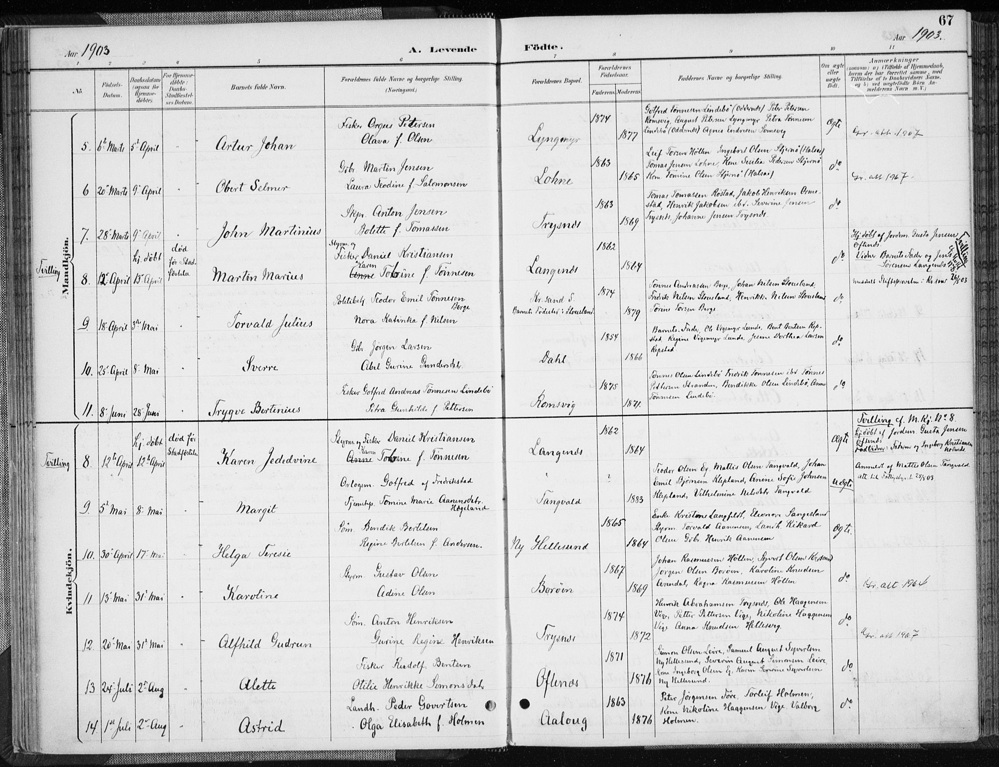 Søgne sokneprestkontor, AV/SAK-1111-0037/F/Fa/Fab/L0013: Ministerialbok nr. A 13, 1892-1911, s. 67