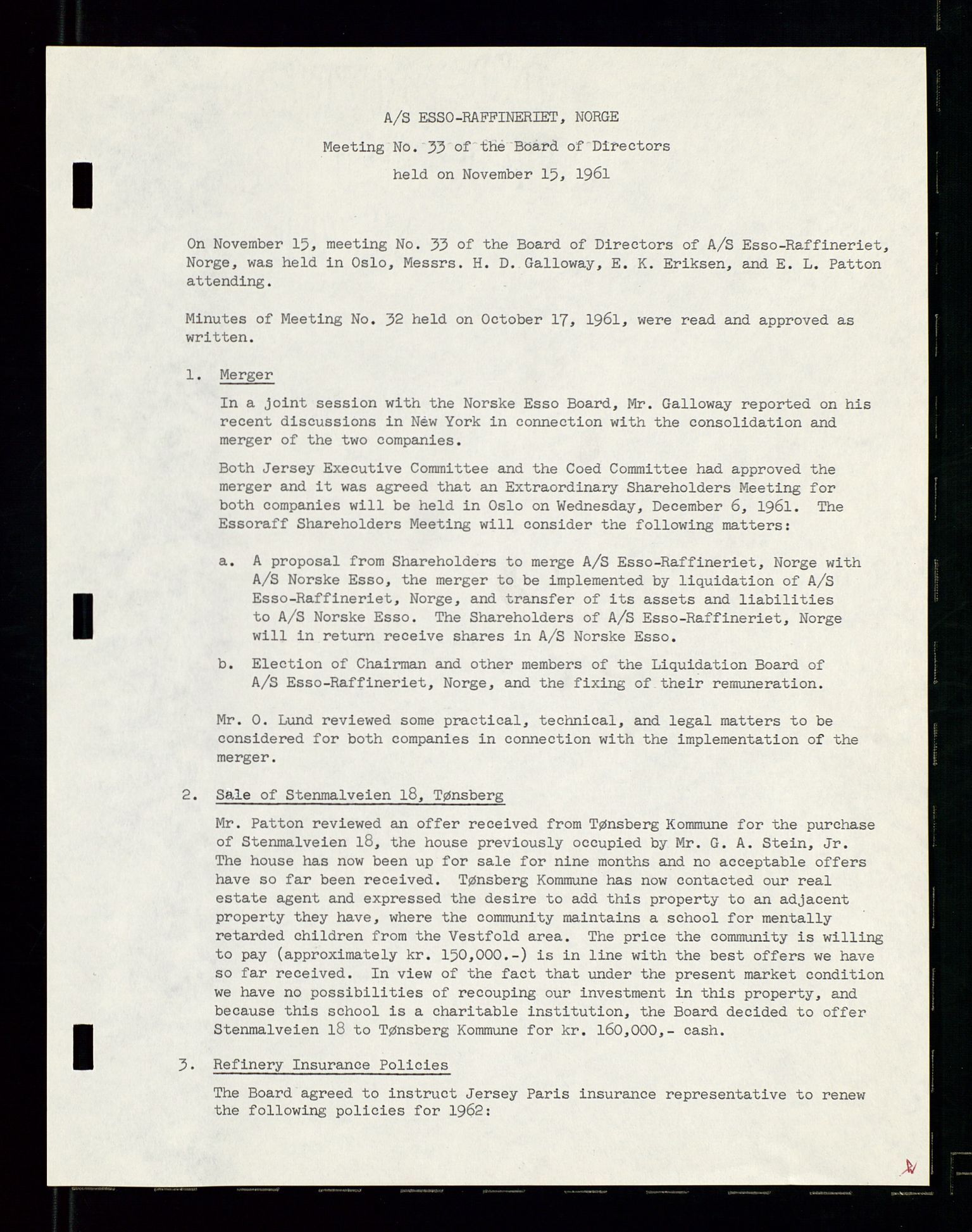 PA 1537 - A/S Essoraffineriet Norge, SAST/A-101957/A/Aa/L0001/0002: Styremøter / Shareholder meetings, board meetings, by laws (vedtekter), 1957-1960, s. 99