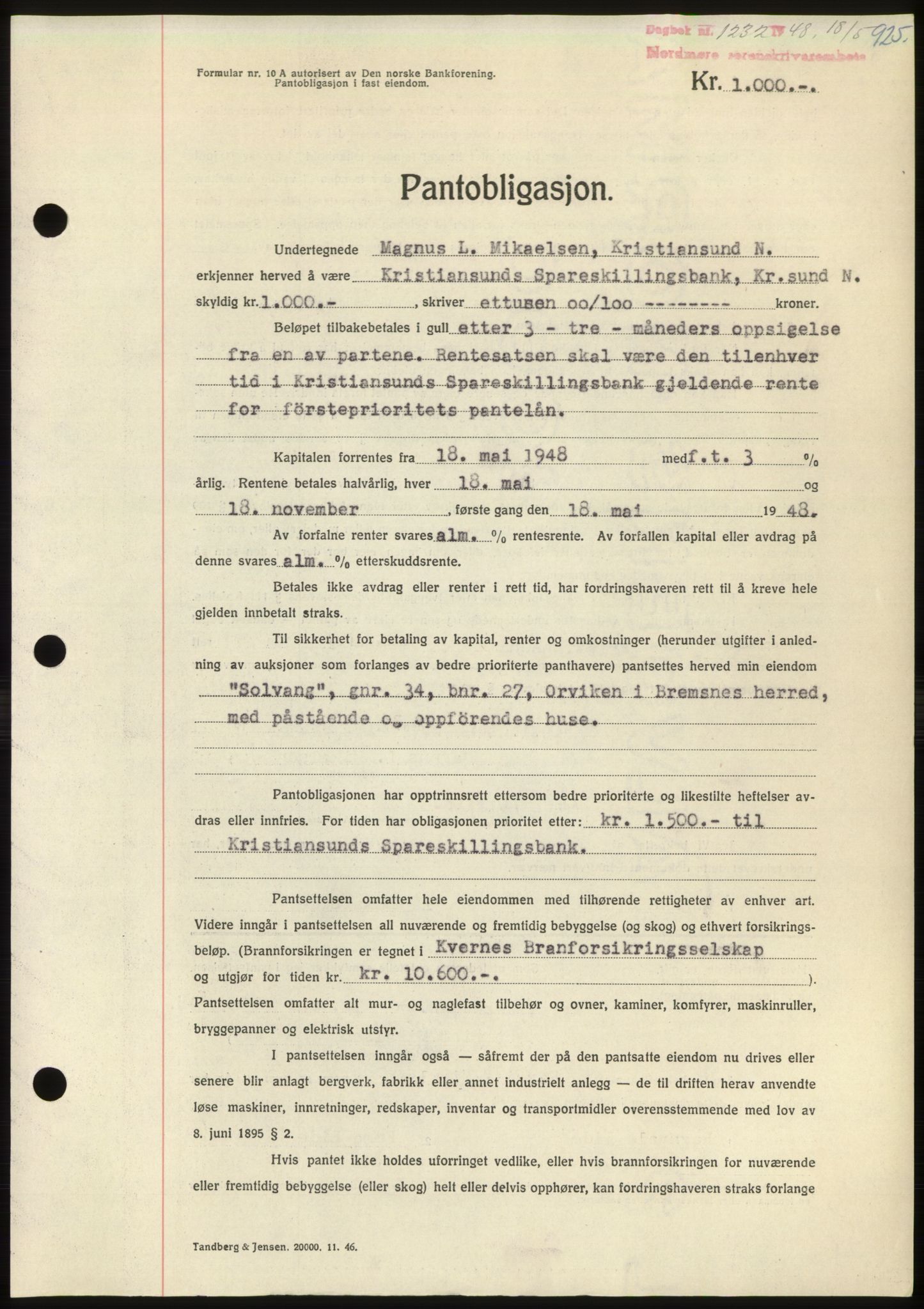 Nordmøre sorenskriveri, SAT/A-4132/1/2/2Ca: Pantebok nr. B98, 1948-1948, Dagboknr: 1232/1948