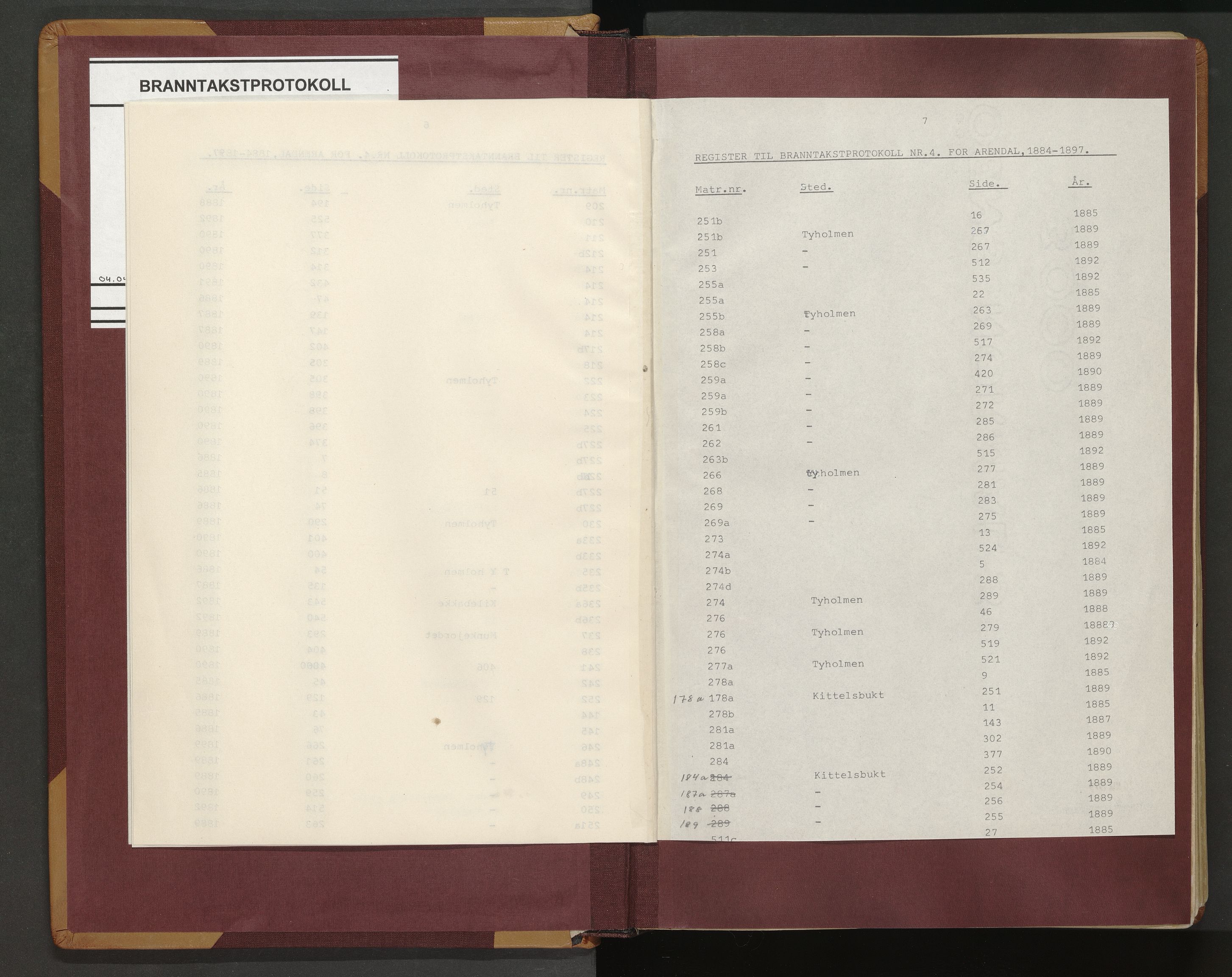 Norges Brannkasse Arendal, AV/SAK-2241-0002/F/Fa/L0021: Branntakstprotokoll nr. 19 med matrikkelnummerregister, 1884-1897