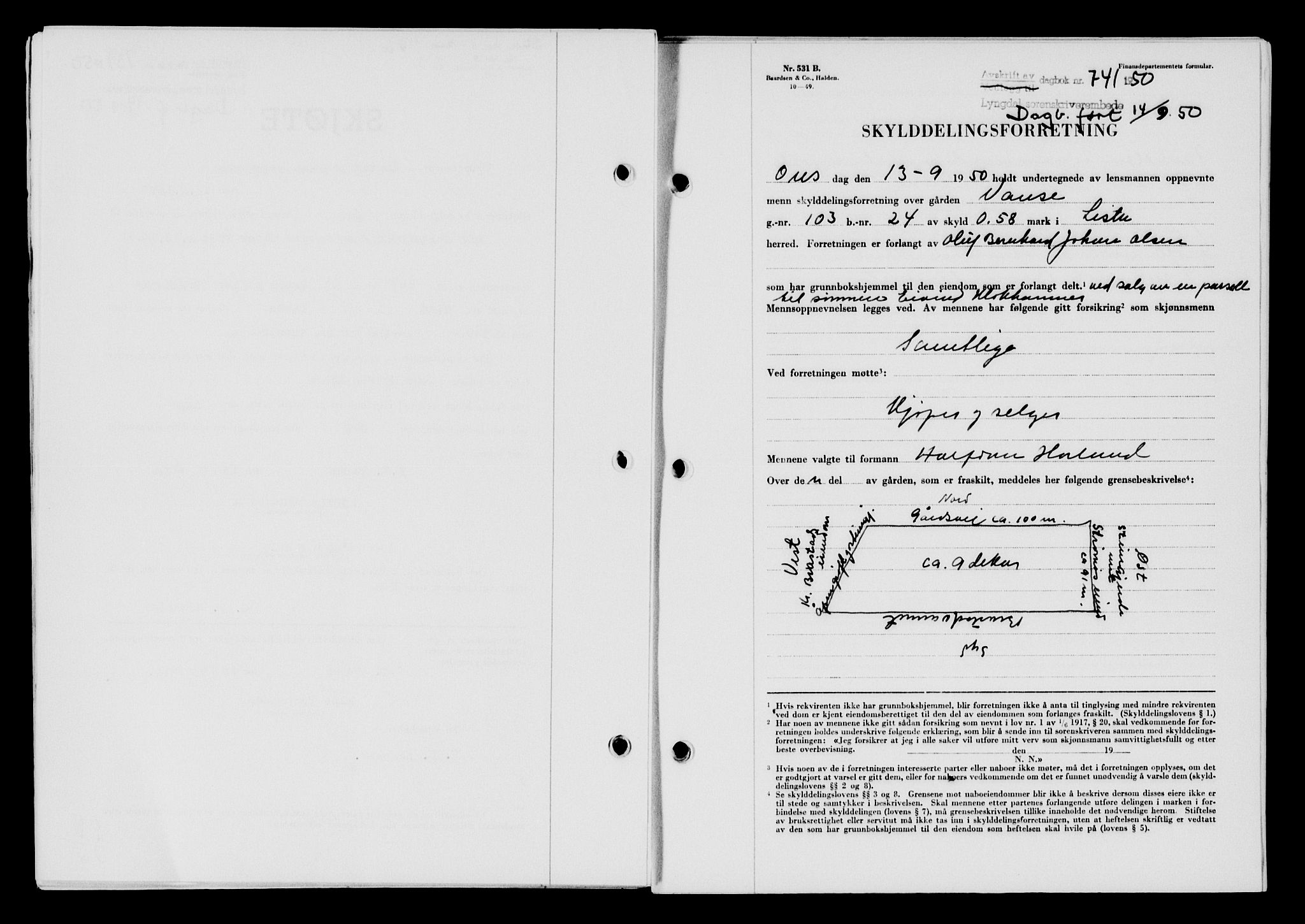 Lyngdal sorenskriveri, AV/SAK-1221-0004/G/Gb/L0665: Pantebok nr. A XI, 1950-1950, Dagboknr: 741/1950