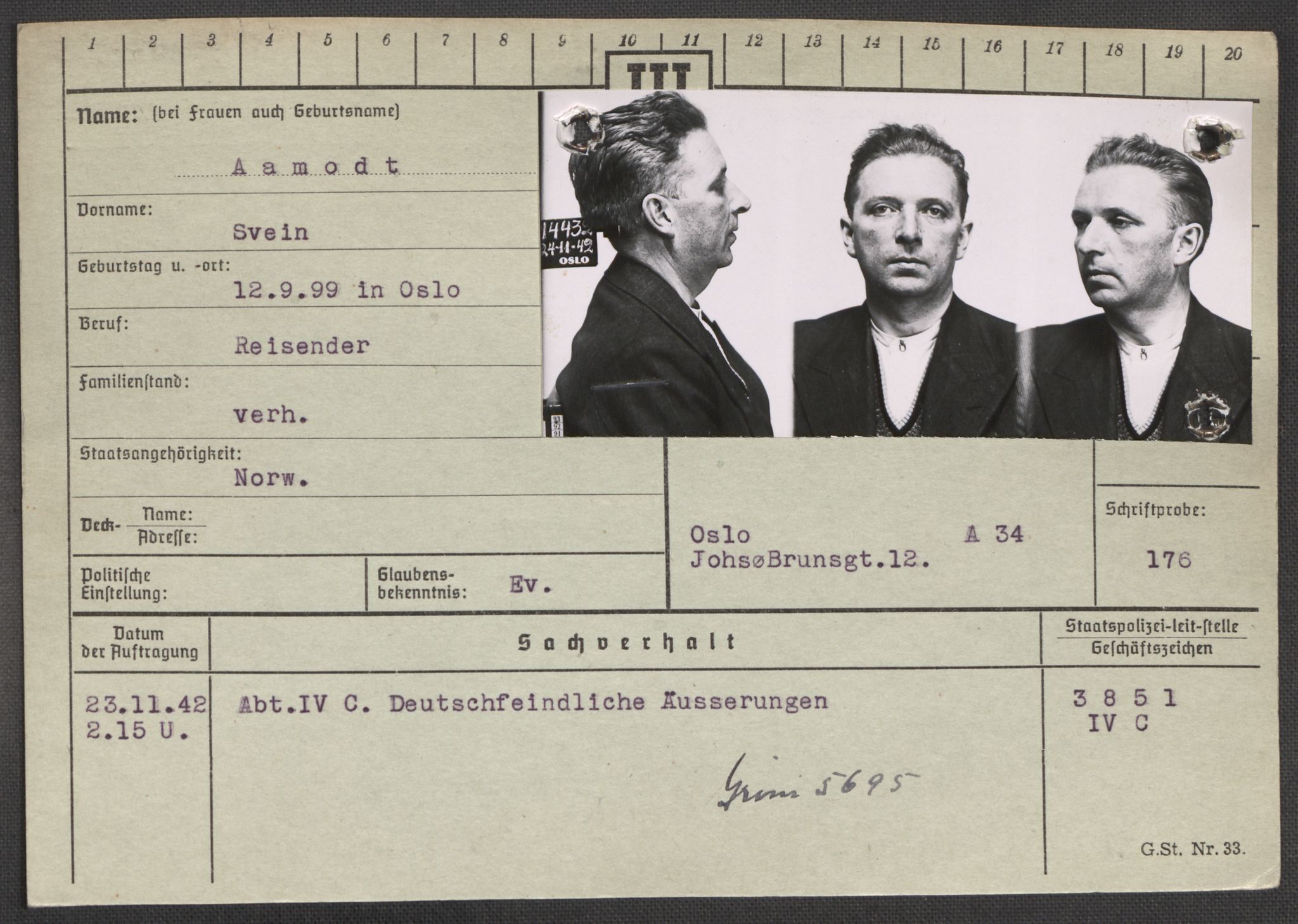 Befehlshaber der Sicherheitspolizei und des SD, AV/RA-RAFA-5969/E/Ea/Eaa/L0010: Register over norske fanger i Møllergata 19: Sø-Å, 1940-1945, s. 1422