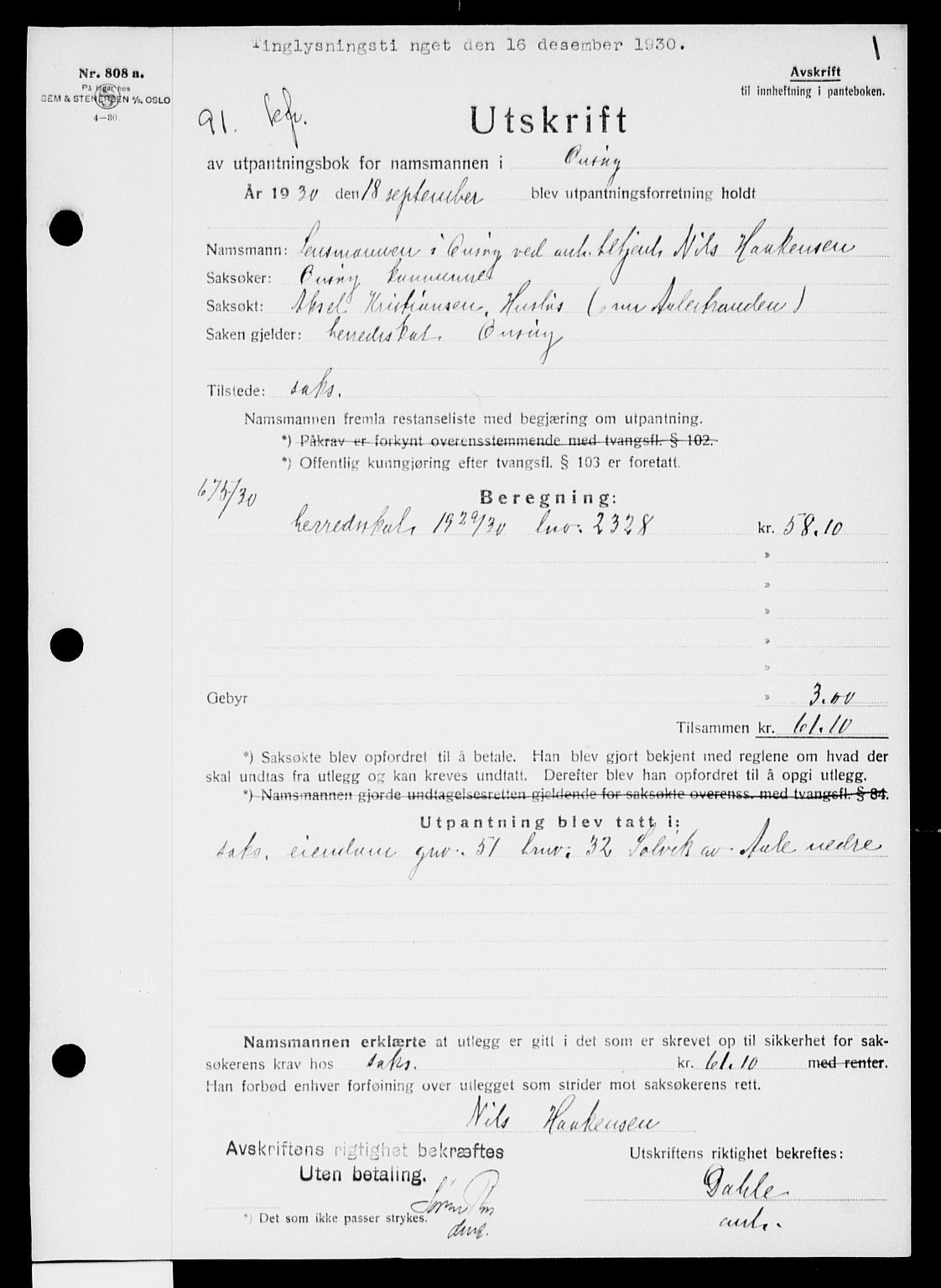 Onsøy sorenskriveri, SAO/A-10474/G/Ga/Gaa/L0066: Pantebok nr. I 66, 1930-1931, s. 1