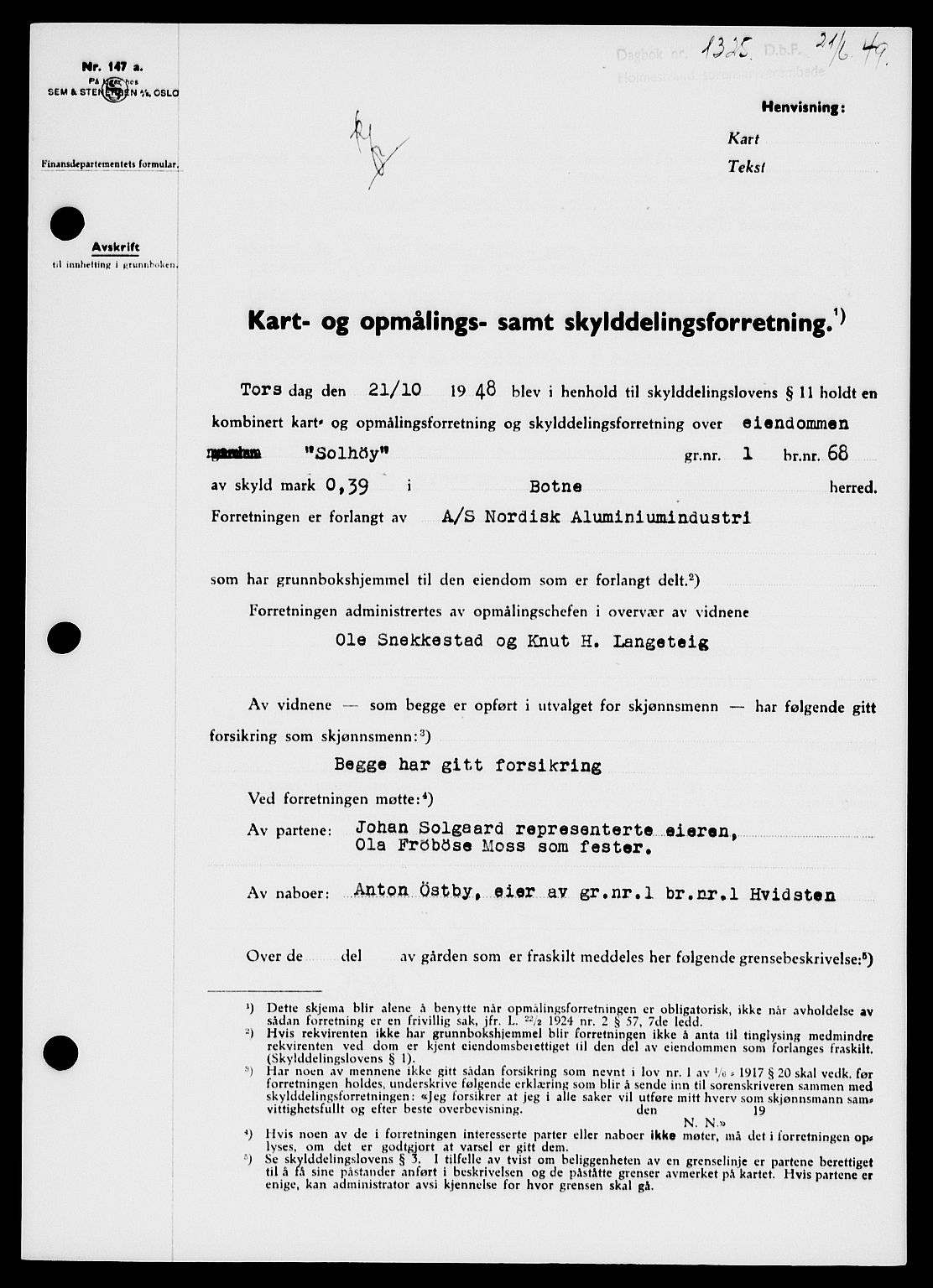Holmestrand sorenskriveri, SAKO/A-67/G/Ga/Gaa/L0066: Pantebok nr. A-66, 1949-1949, Dagboknr: 1325/1949