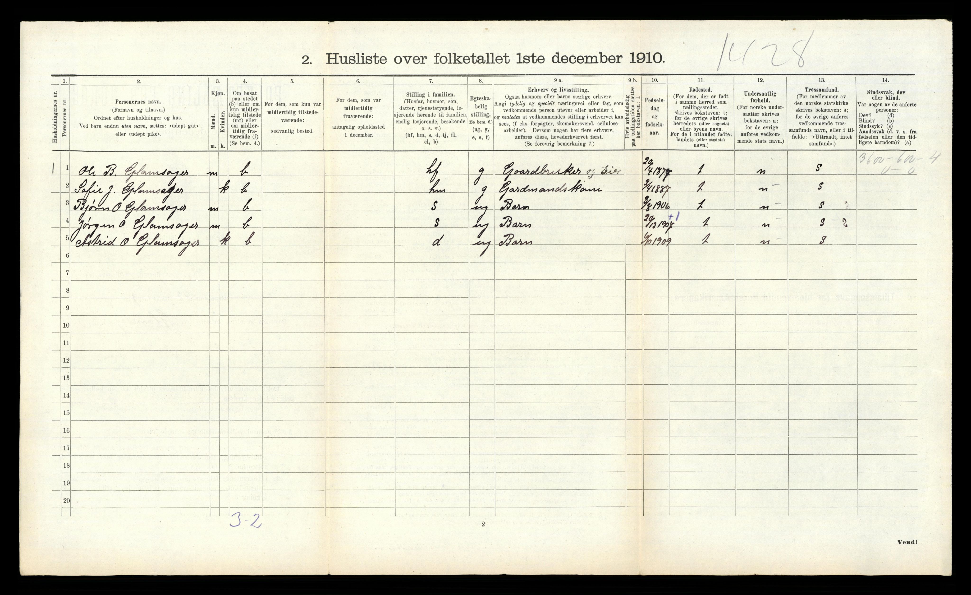 RA, Folketelling 1910 for 1022 Laudal herred, 1910, s. 232