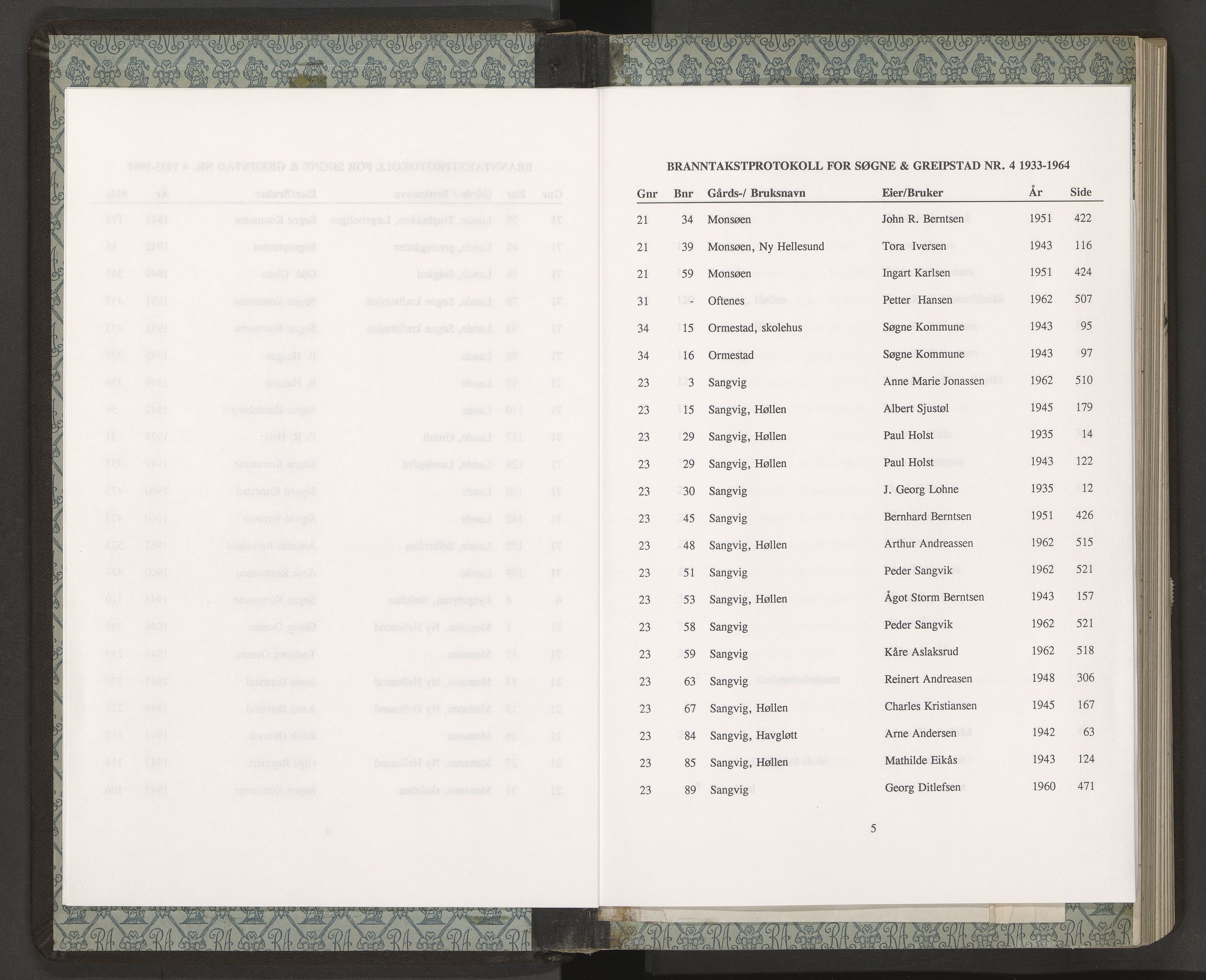 Norges Brannkasse Søgne og Greipstad, AV/SAK-2241-0046/F/Fa/L0004: Branntakstprotokoll nr. 4 med gårdsnavnregister, 1933-1964