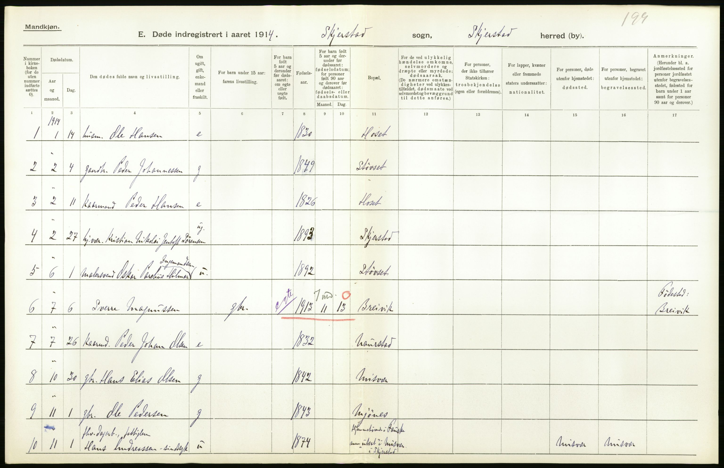 Statistisk sentralbyrå, Sosiodemografiske emner, Befolkning, AV/RA-S-2228/D/Df/Dfb/Dfbd/L0045: Nordlands amt: Døde. Bygder og byer., 1914, s. 20