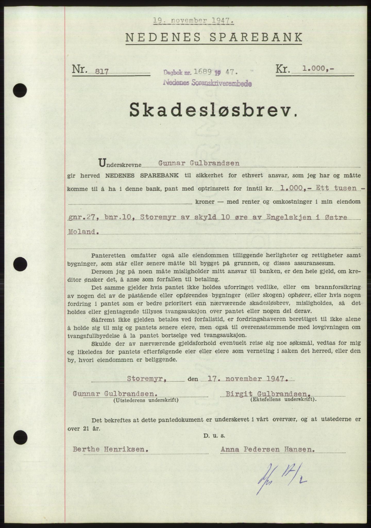 Nedenes sorenskriveri, SAK/1221-0006/G/Gb/Gbb/L0004: Pantebok nr. B4, 1947-1947, Dagboknr: 1689/1947