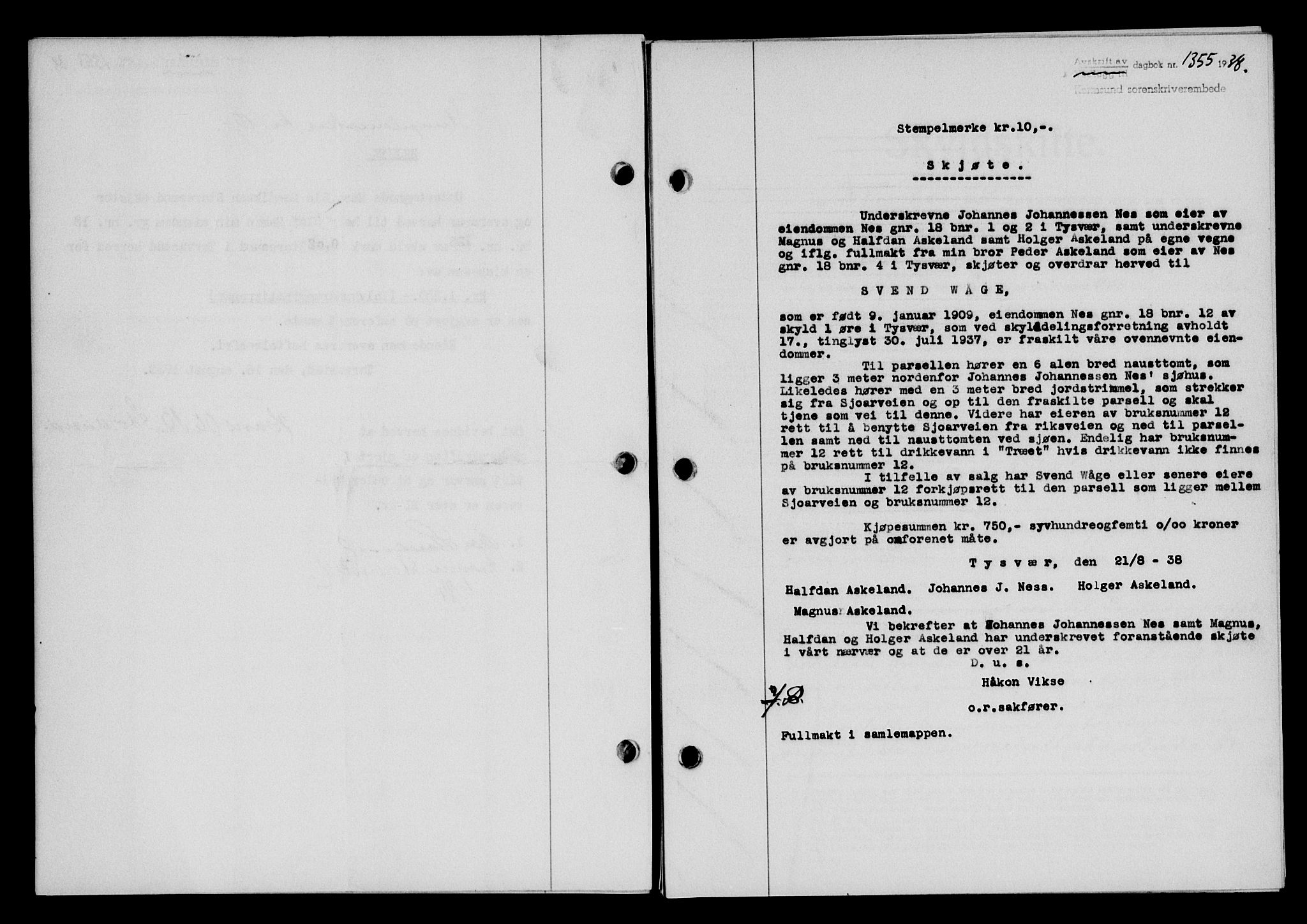 Karmsund sorenskriveri, SAST/A-100311/01/II/IIB/L0070: Pantebok nr. 51A, 1938-1939, Dagboknr: 1355/1938