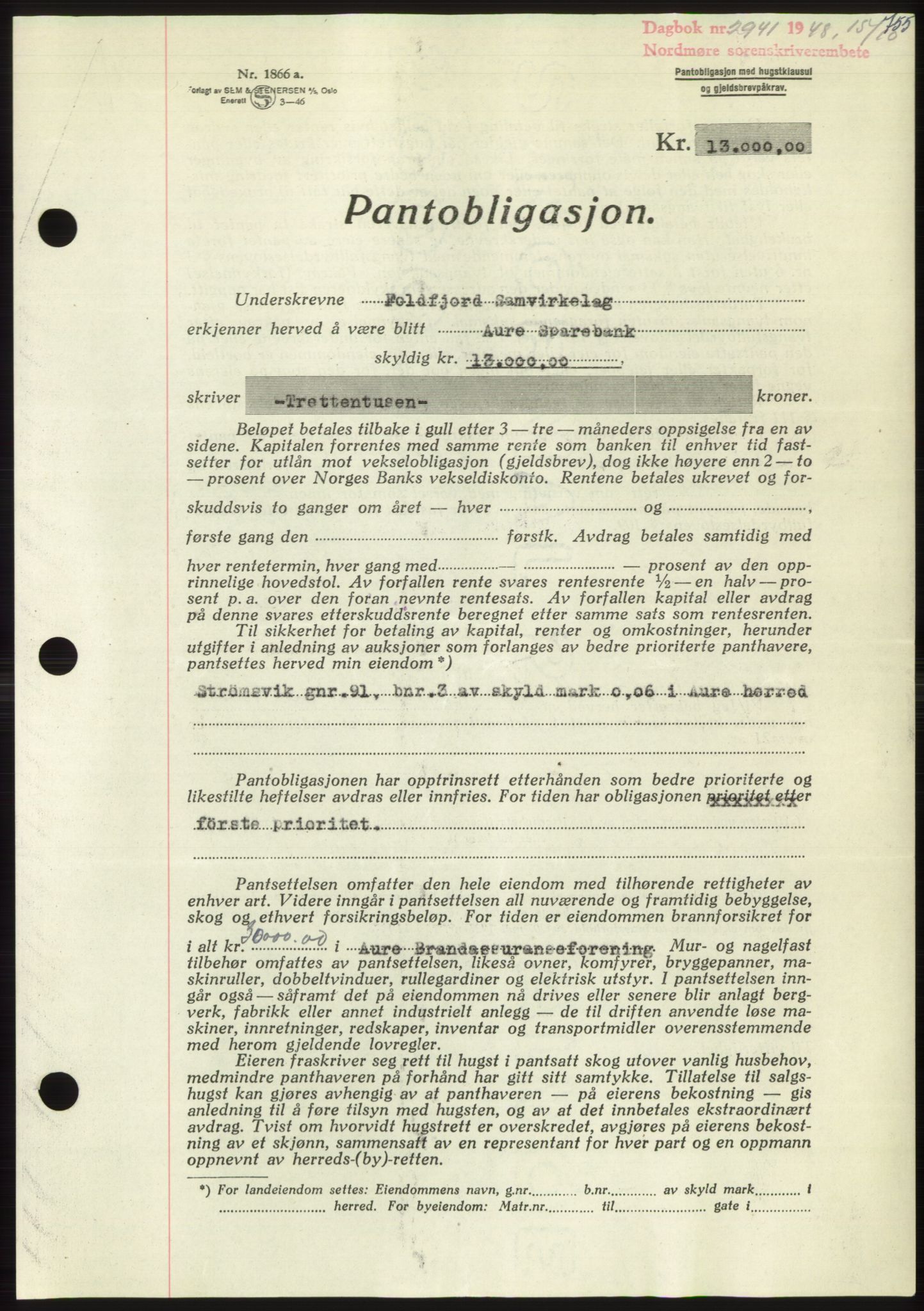 Nordmøre sorenskriveri, AV/SAT-A-4132/1/2/2Ca: Pantebok nr. B99, 1948-1948, Dagboknr: 2941/1948