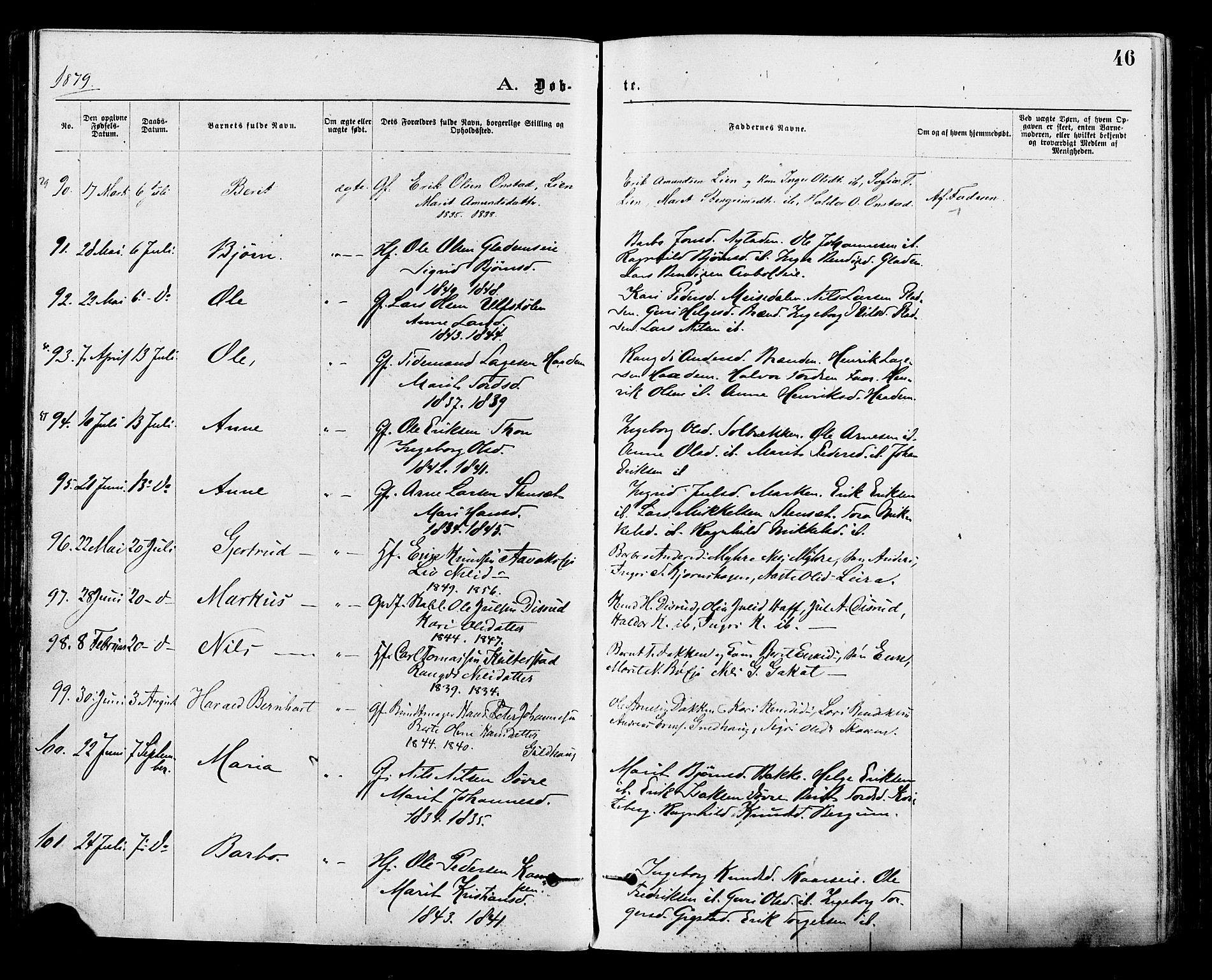 Nord-Aurdal prestekontor, AV/SAH-PREST-132/H/Ha/Haa/L0009: Ministerialbok nr. 9, 1876-1882, s. 46