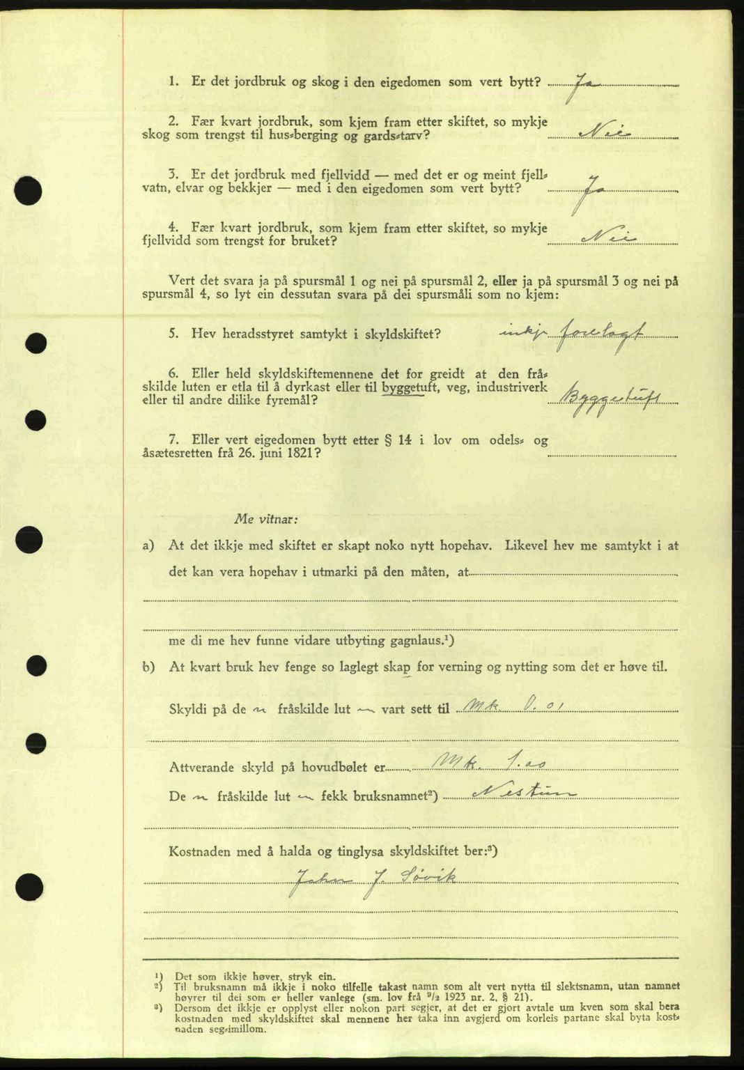 Nordre Sunnmøre sorenskriveri, AV/SAT-A-0006/1/2/2C/2Ca: Pantebok nr. A20a, 1945-1945, Dagboknr: 954/1945