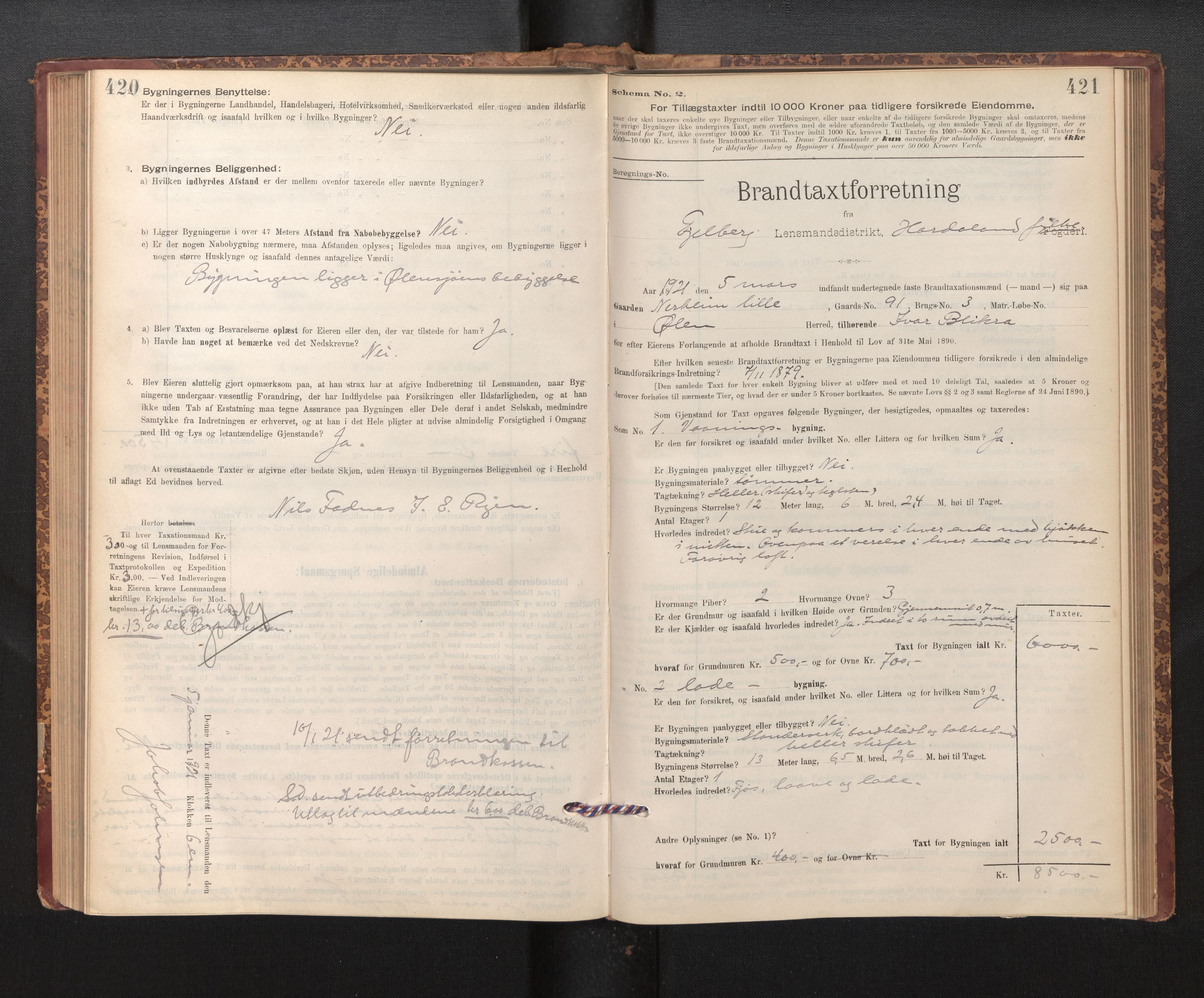 Lensmannen i Fjelberg, SAB/A-32101/0012/L0007: Branntakstprotokoll, skjematakst, 1895-1949, s. 420-421