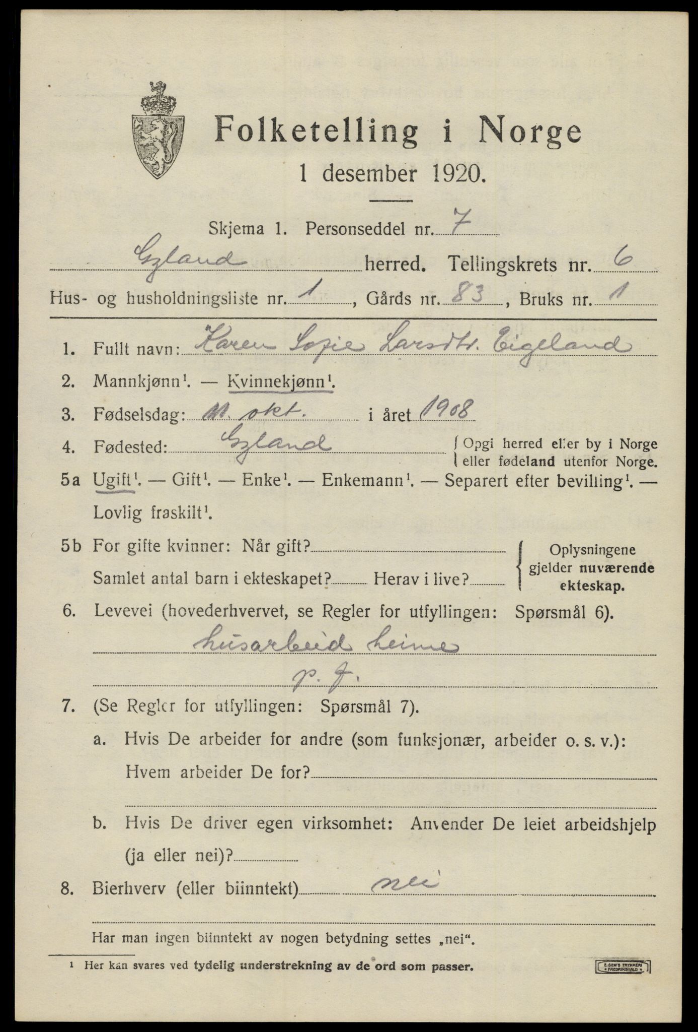 SAK, Folketelling 1920 for 1044 Gyland herred, 1920, s. 1332