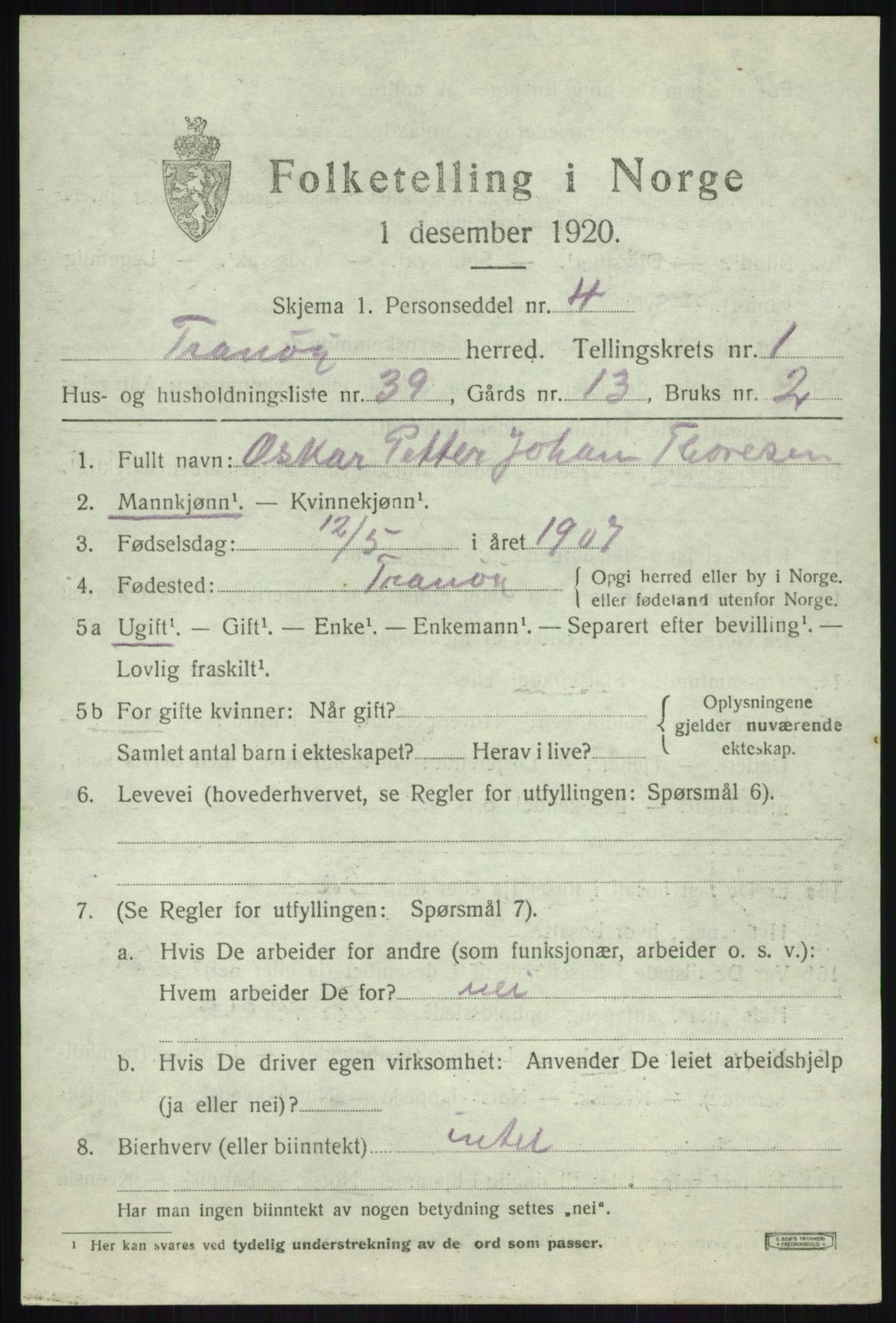 SATØ, Folketelling 1920 for 1927 Tranøy herred, 1920, s. 1145