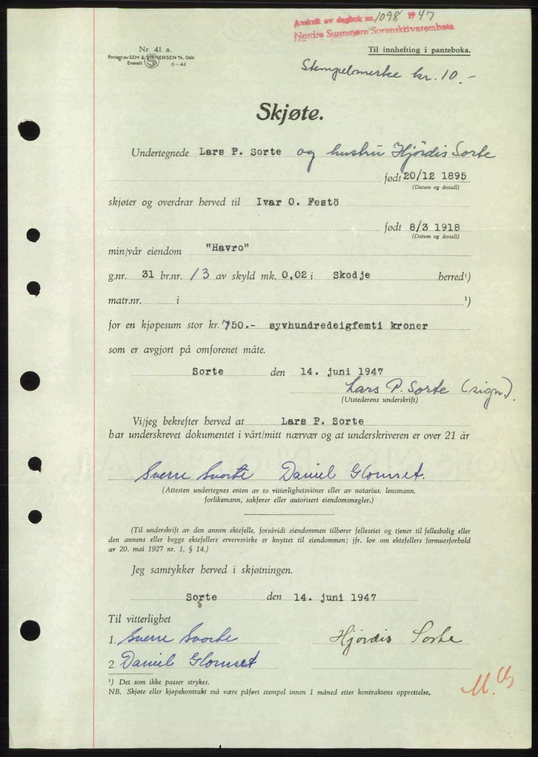 Nordre Sunnmøre sorenskriveri, SAT/A-0006/1/2/2C/2Ca: Pantebok nr. A24, 1947-1947, Dagboknr: 1098/1947