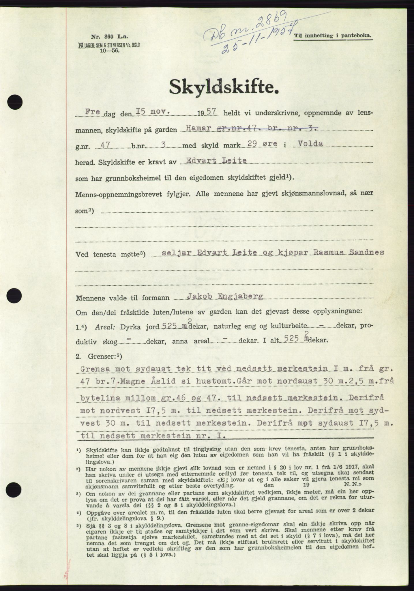 Søre Sunnmøre sorenskriveri, AV/SAT-A-4122/1/2/2C/L0108: Pantebok nr. 34A, 1957-1958, Dagboknr: 2869/1957