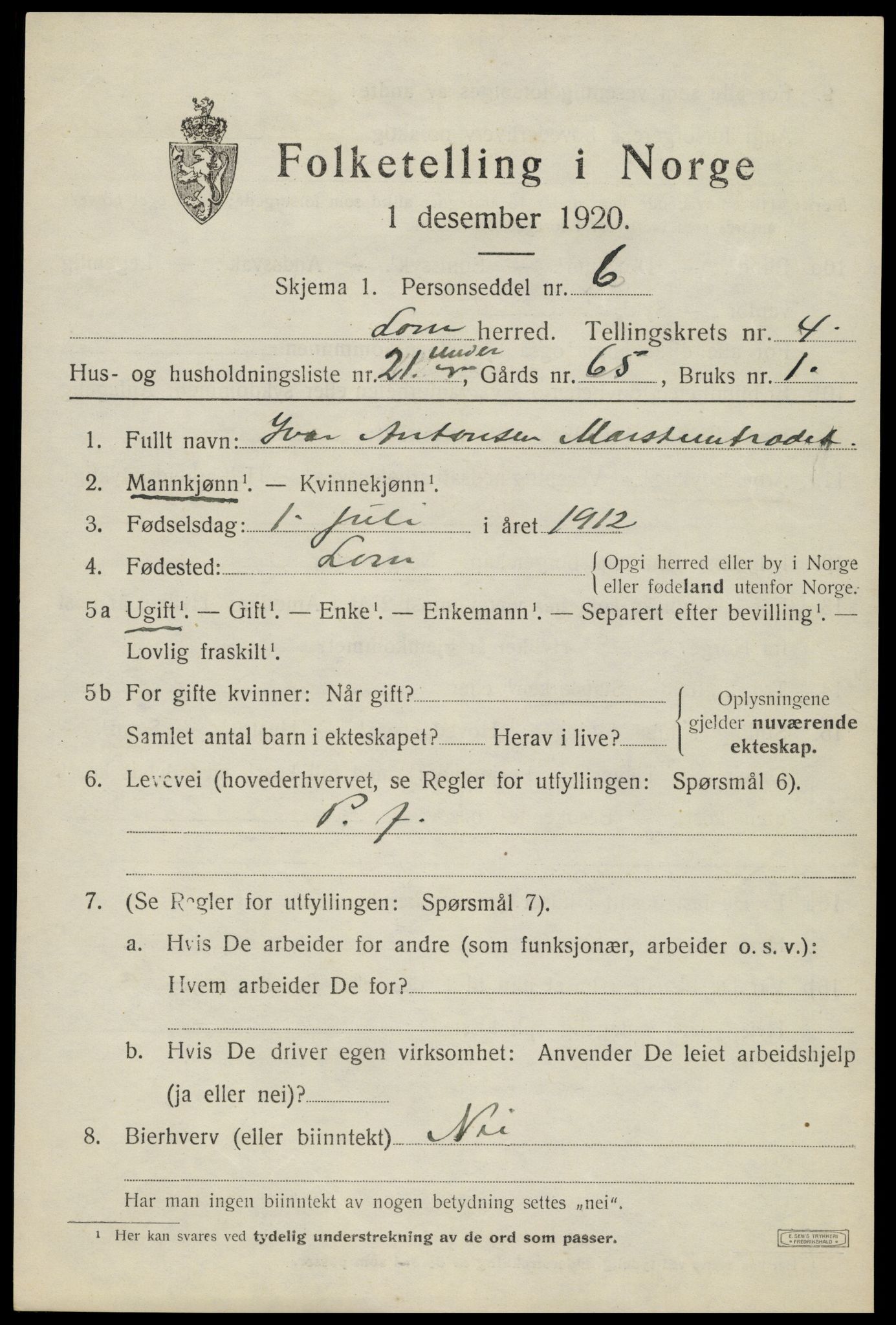 SAH, Folketelling 1920 for 0514 Lom herred, 1920, s. 2870