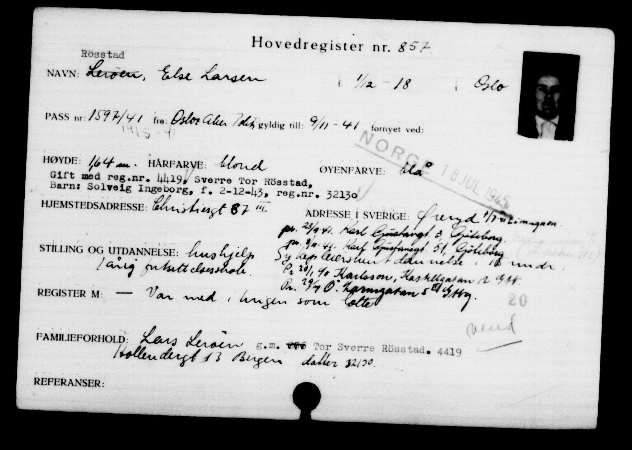 Utenriksstasjonene, Legasjonen i Stockholm, Flyktningkontoret, AV/RA-S-6753/V/Va/L0001: Kjesäterkartoteket, flyktninger med registreringsnr. 1-1000, 1940-1945, s. 1361