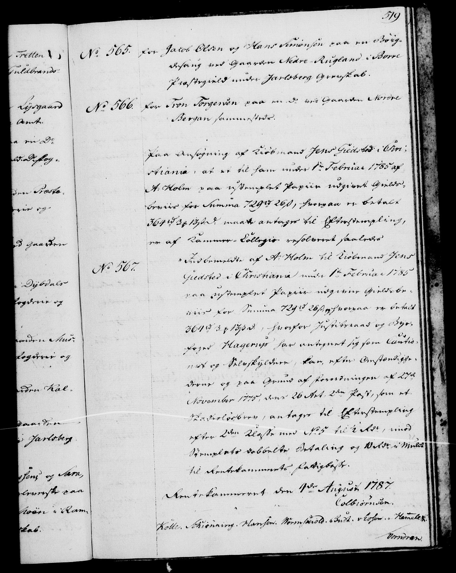 Rentekammeret, Kammerkanselliet, AV/RA-EA-3111/G/Gg/Gga/L0013: Norsk ekspedisjonsprotokoll med register (merket RK 53.13), 1784-1787, s. 519