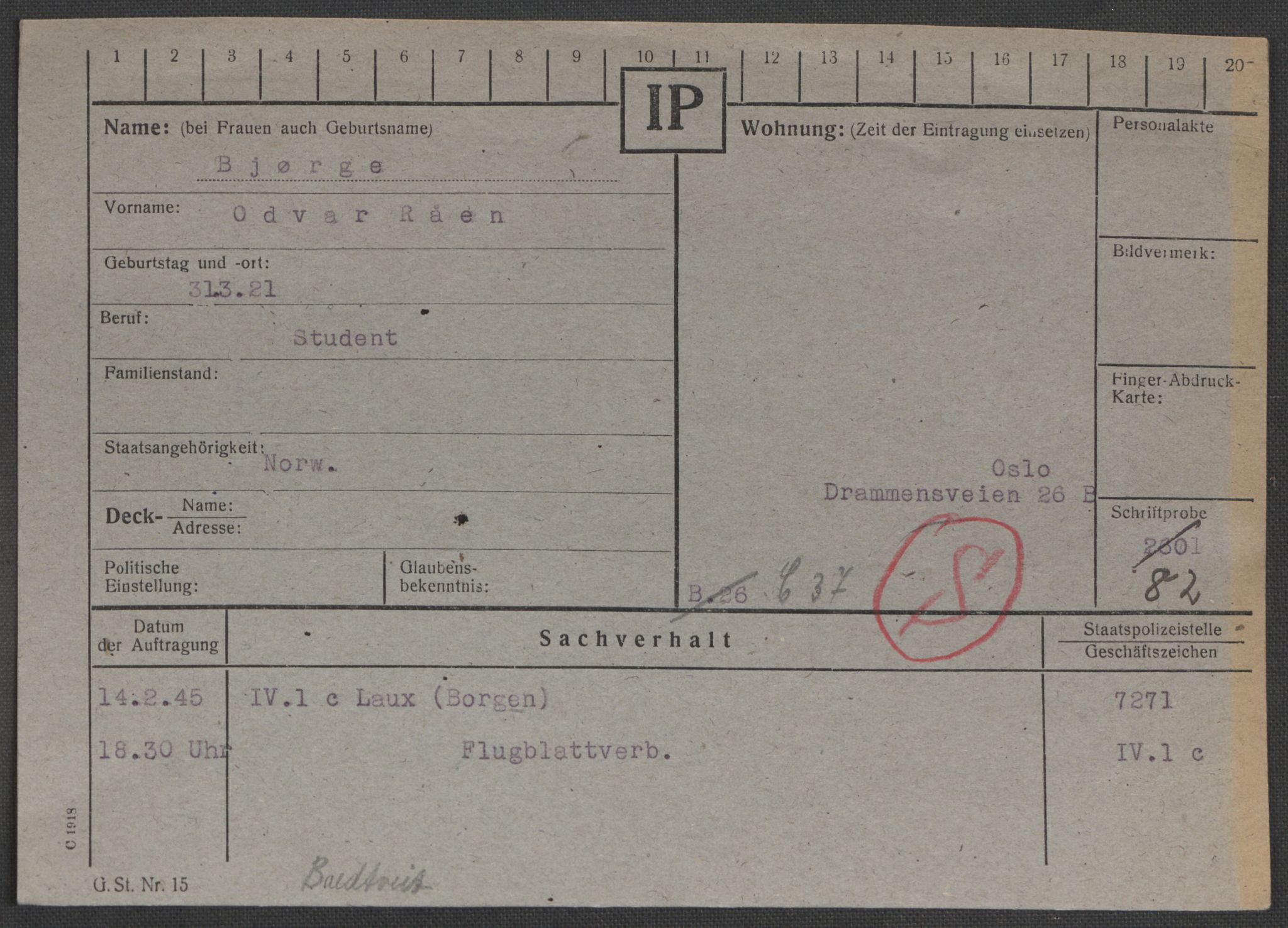 Befehlshaber der Sicherheitspolizei und des SD, AV/RA-RAFA-5969/E/Ea/Eaa/L0001: Register over norske fanger i Møllergata 19: A-Bj, 1940-1945, s. 1283