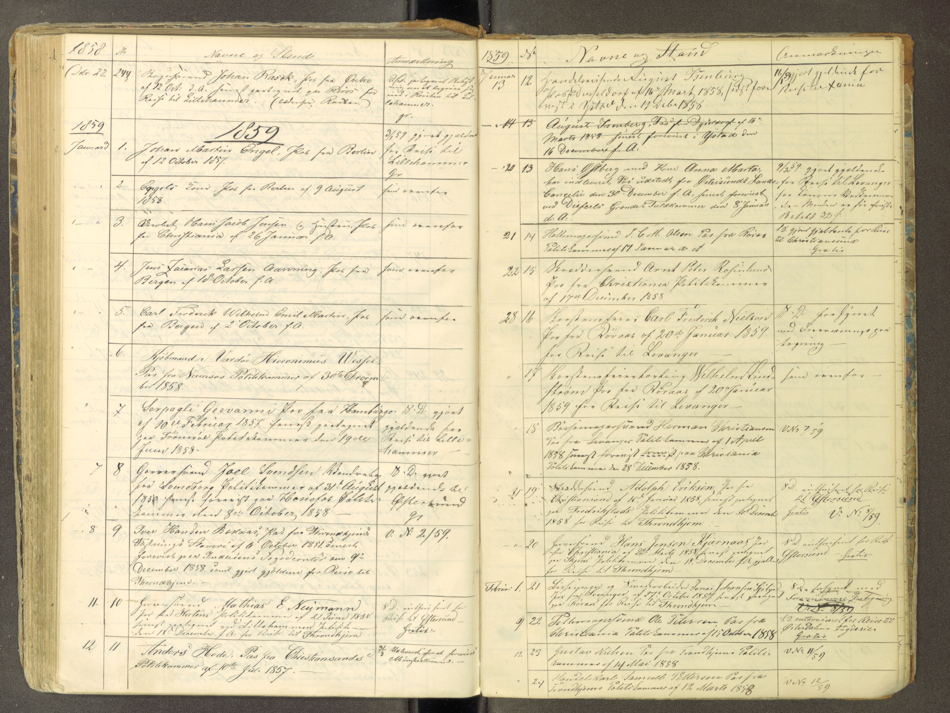 Trondheim politikammer, AV/SAT-A-1887/1/30/L0010: Passprotokoll. Utstedte pass 1850-1855. Innleverte pass 1850-1860, 1850-1860