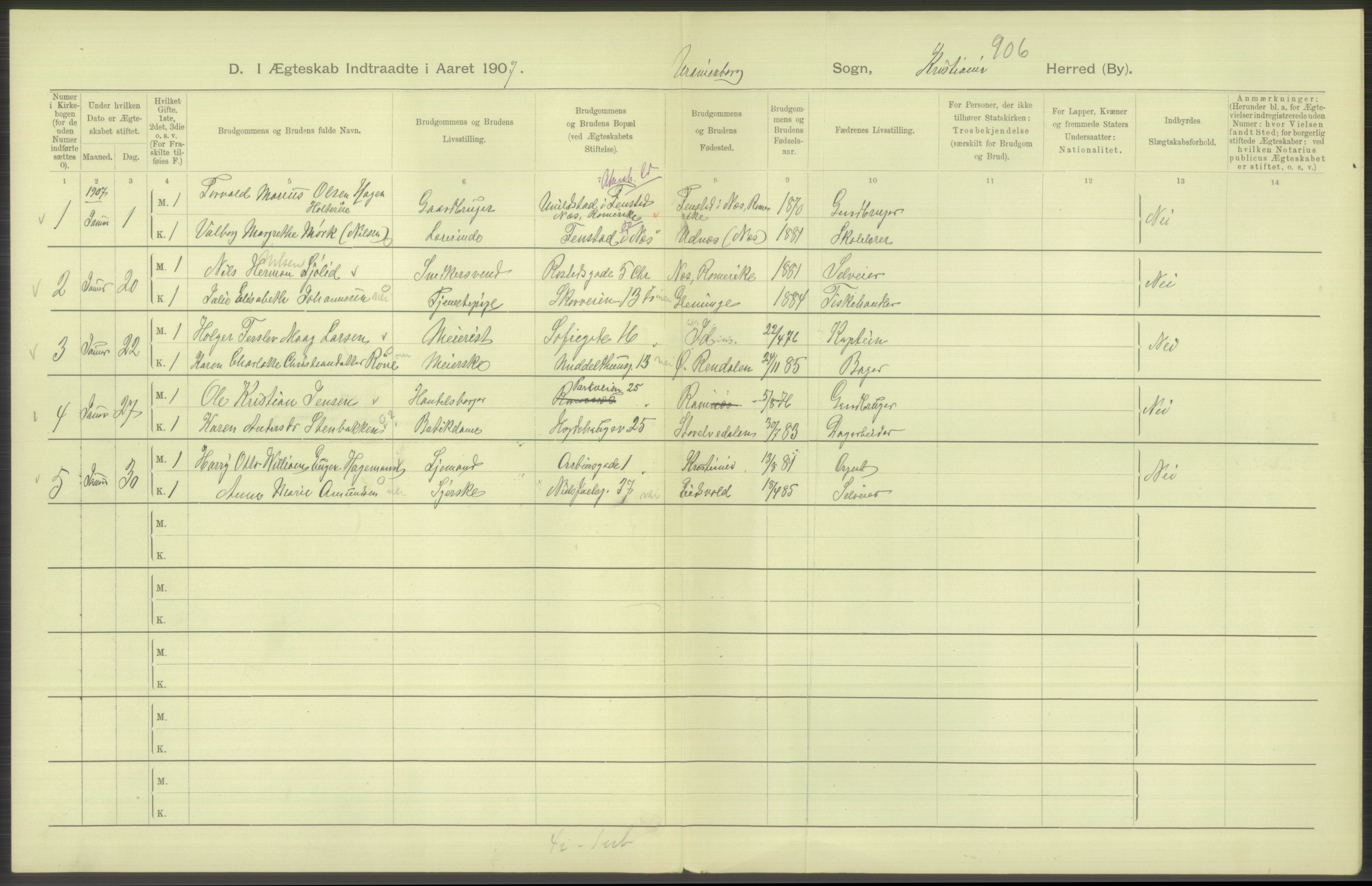 Statistisk sentralbyrå, Sosiodemografiske emner, Befolkning, AV/RA-S-2228/D/Df/Dfa/Dfae/L0008: Kristiania: Gifte, 1907, s. 516