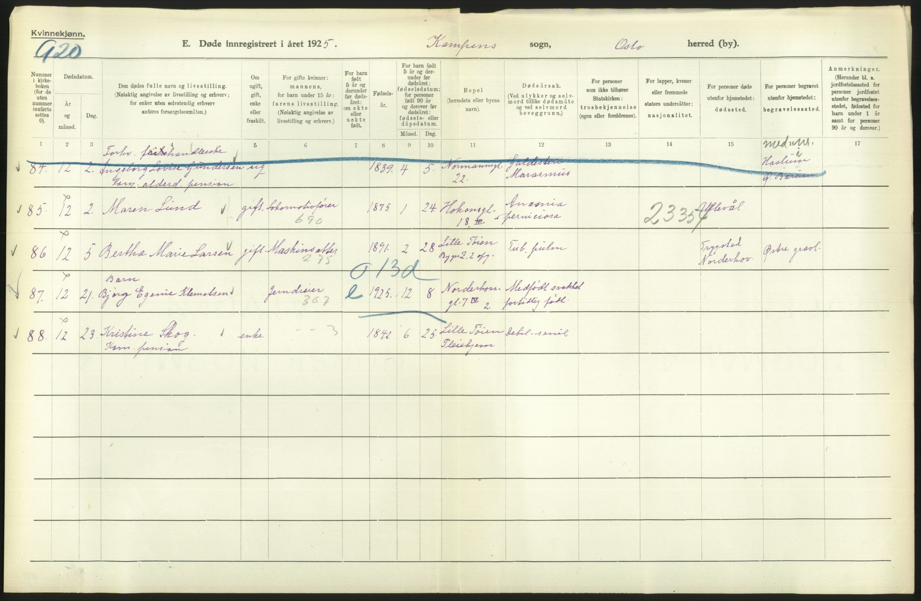 Statistisk sentralbyrå, Sosiodemografiske emner, Befolkning, AV/RA-S-2228/D/Df/Dfc/Dfce/L0010: Oslo: Døde kvinner, dødfødte, 1925, s. 540